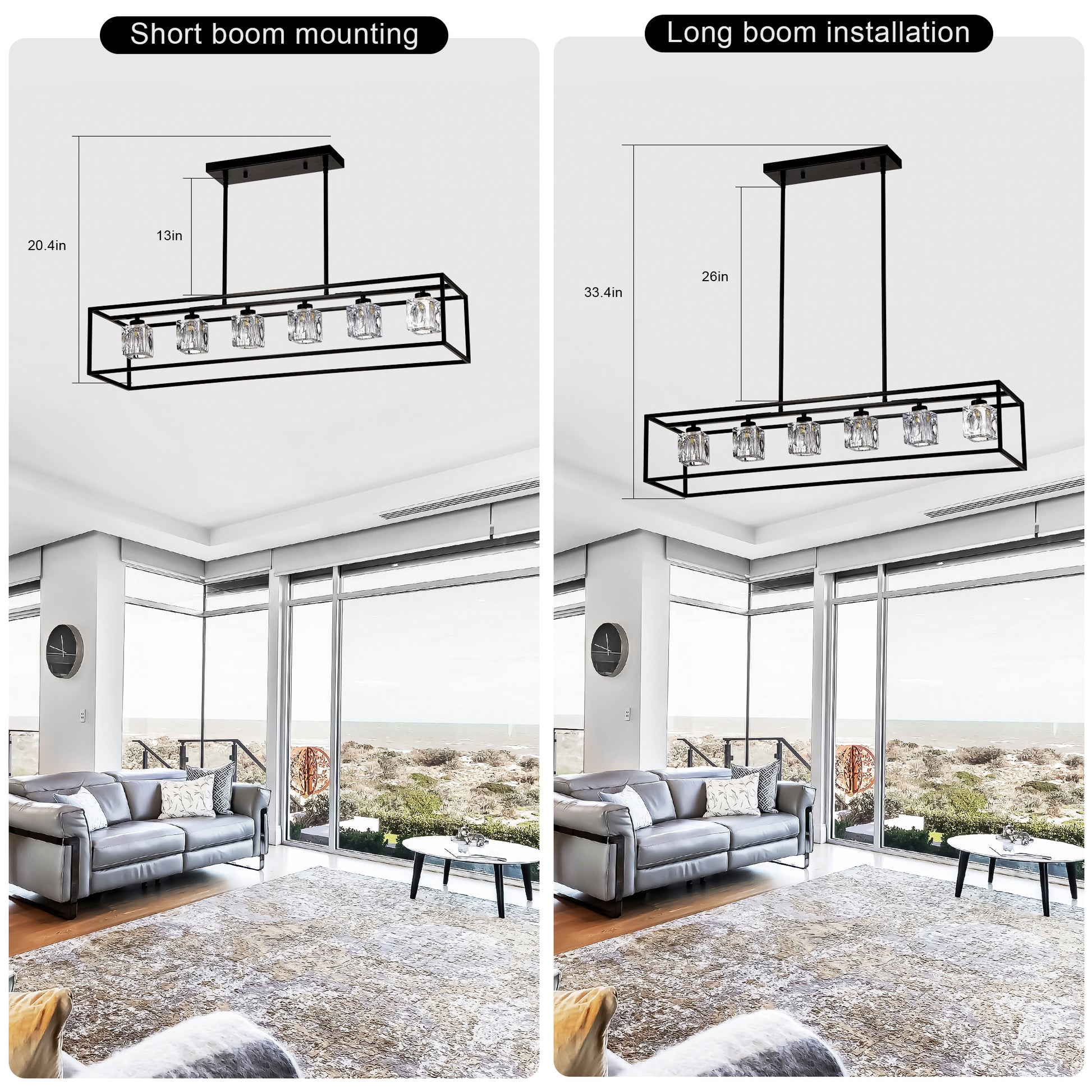 6 Light Farmhouse Chandelier, Modern Industrial Linear Rectangular Crystal Pendant Light Cage Chandelier For Dining Room,Kitchen Island, Bar, Long Table,G9*6 Bulbs Included Matte Black American