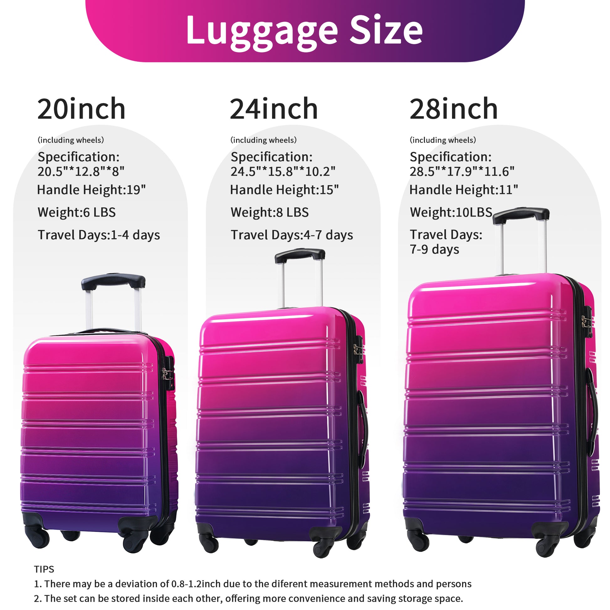 Hardshell Luggage Sets 3 Piece Gradient Color Expandable Suitcase With Spinner Wheels And Tsa Lock Lightweight 20" 24" 28" Available,Purple And Pink Multicolor Purple Abs