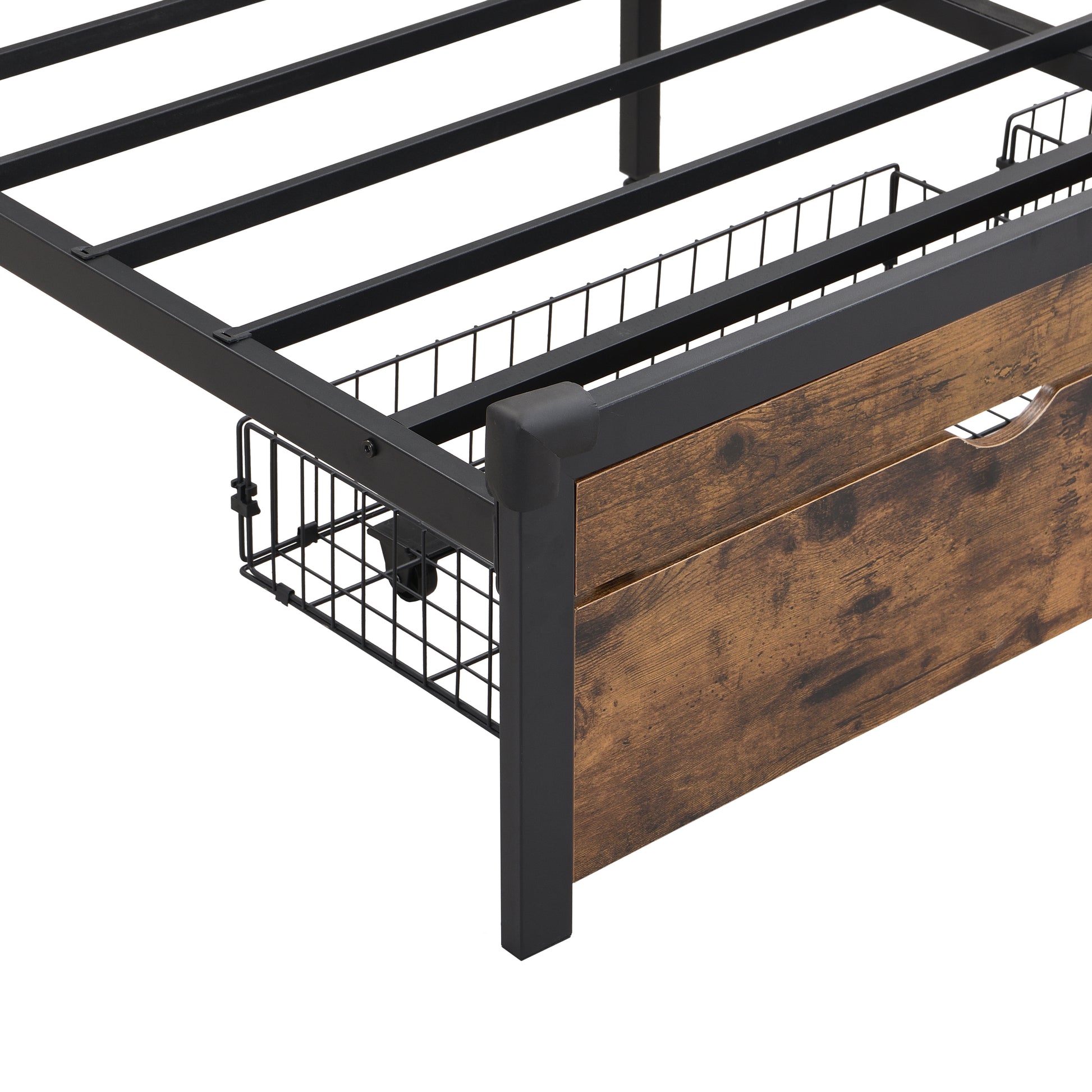 King Size Metal Platform Bed Frame With Wooden Headboard And With Footboard Usb,Charging Station,2 Drawers,Storage, Led Lights, No Box Spring Needed, Easy Assemble Black Brown Mdf Metal