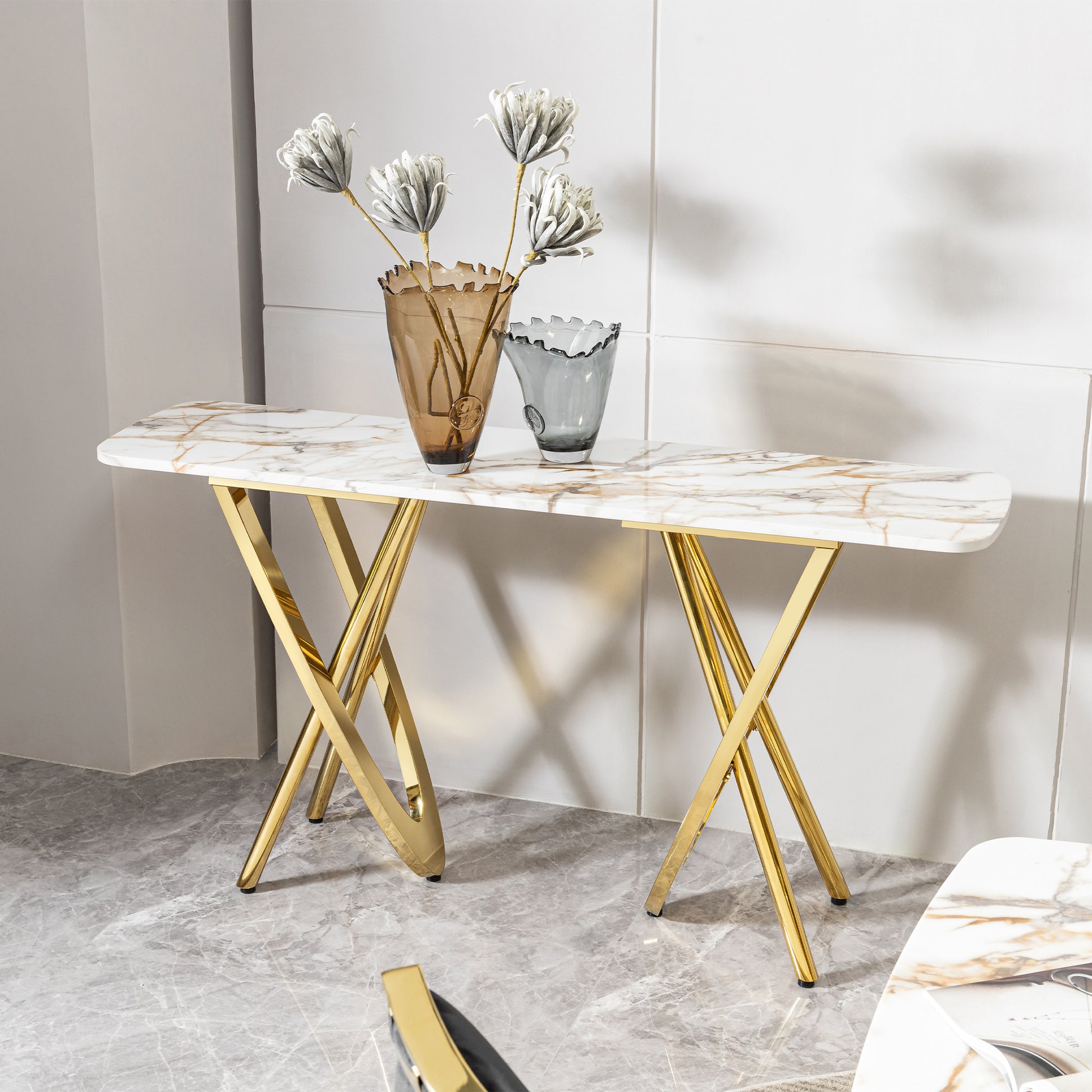 Modern 0.78" Thickness Marble Pattern Top Mirror Gold Stainless Steel Rectangle Console Table For Living Room Gold Primary Living Space Modern Console Tables Rectangular Stainless Steel