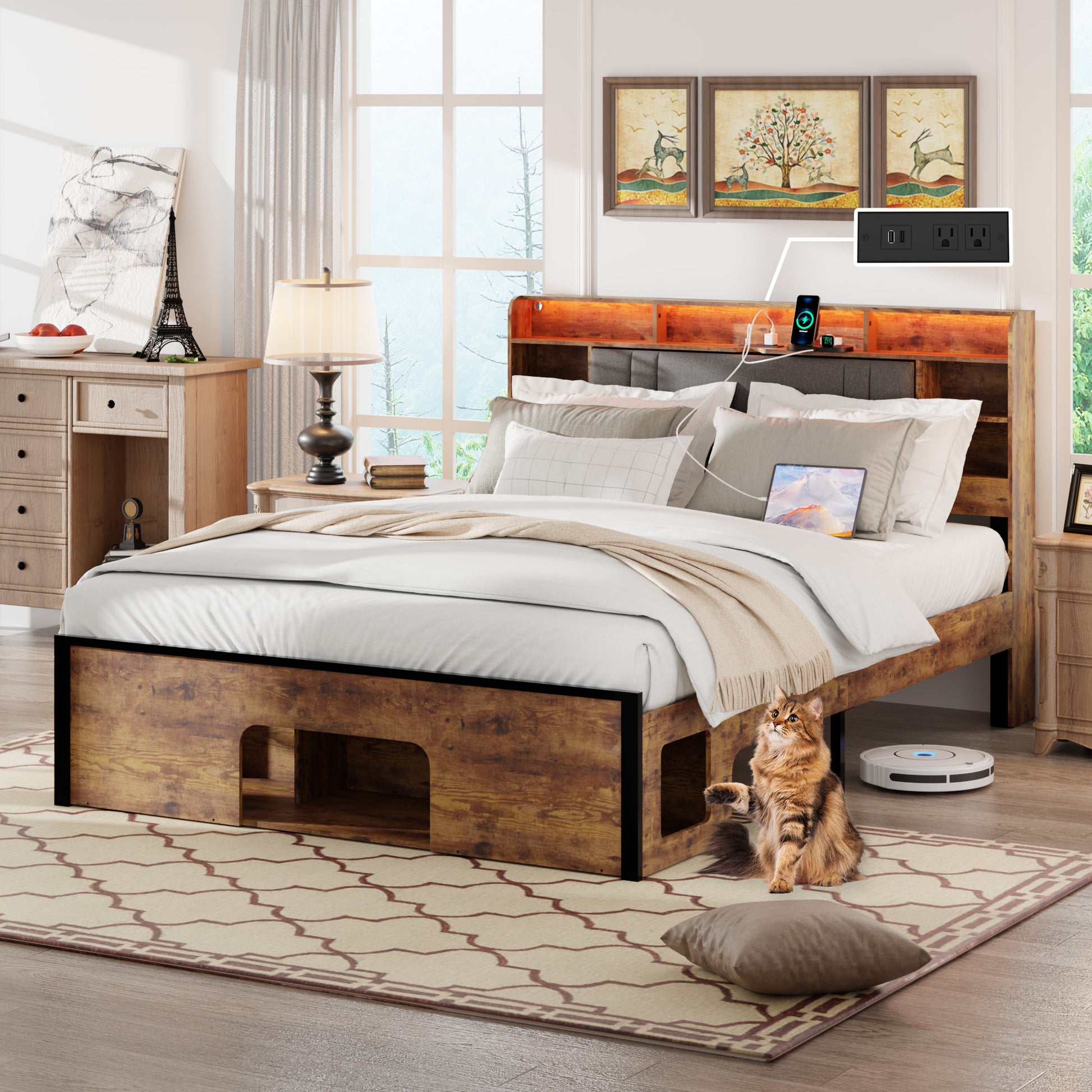 Queen Bed Frame With Upholstered Headboard And Wood Platform,Storage Headboard With Charging Station And Led, Bed Frame With Pet Bed,No Noise, No Box Spring Needed,Easy Assembly,Rustic Brown Box