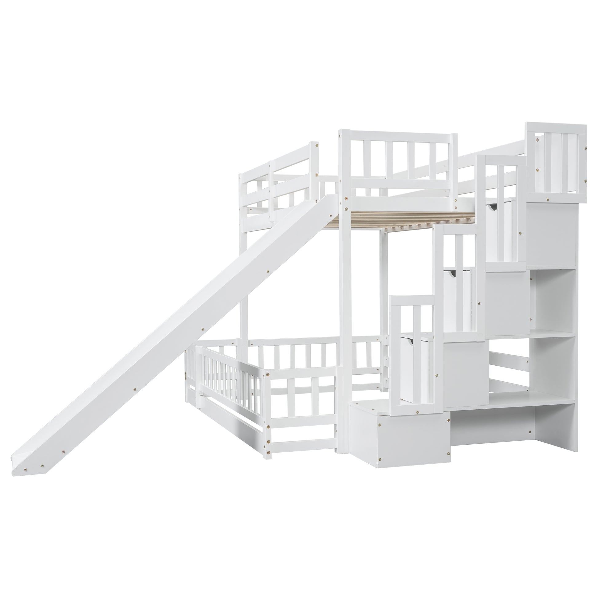 Twin Over Full Bunk Bed With Slide, Storage Staircase, Pine Solid Wooden Bunk Bed With Safety Guardrails,White White Pine