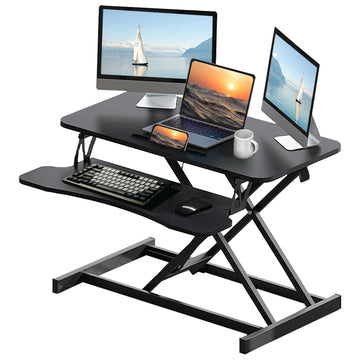 32 Inch Desk Converter, Height Adjustable Sit To Stand Riser, Dual Monitor And Laptop Workstation With Wide Keyboard Tray, Black Black Mdf Metal