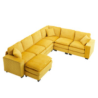 Modern U Shaped 6 Seat Sectional Sofa Couch With One Ottoman And Three Toss Pillows ,Modular Sofa For Living Room,Corduroy Sofa Yellow Corduroy 7 Seat