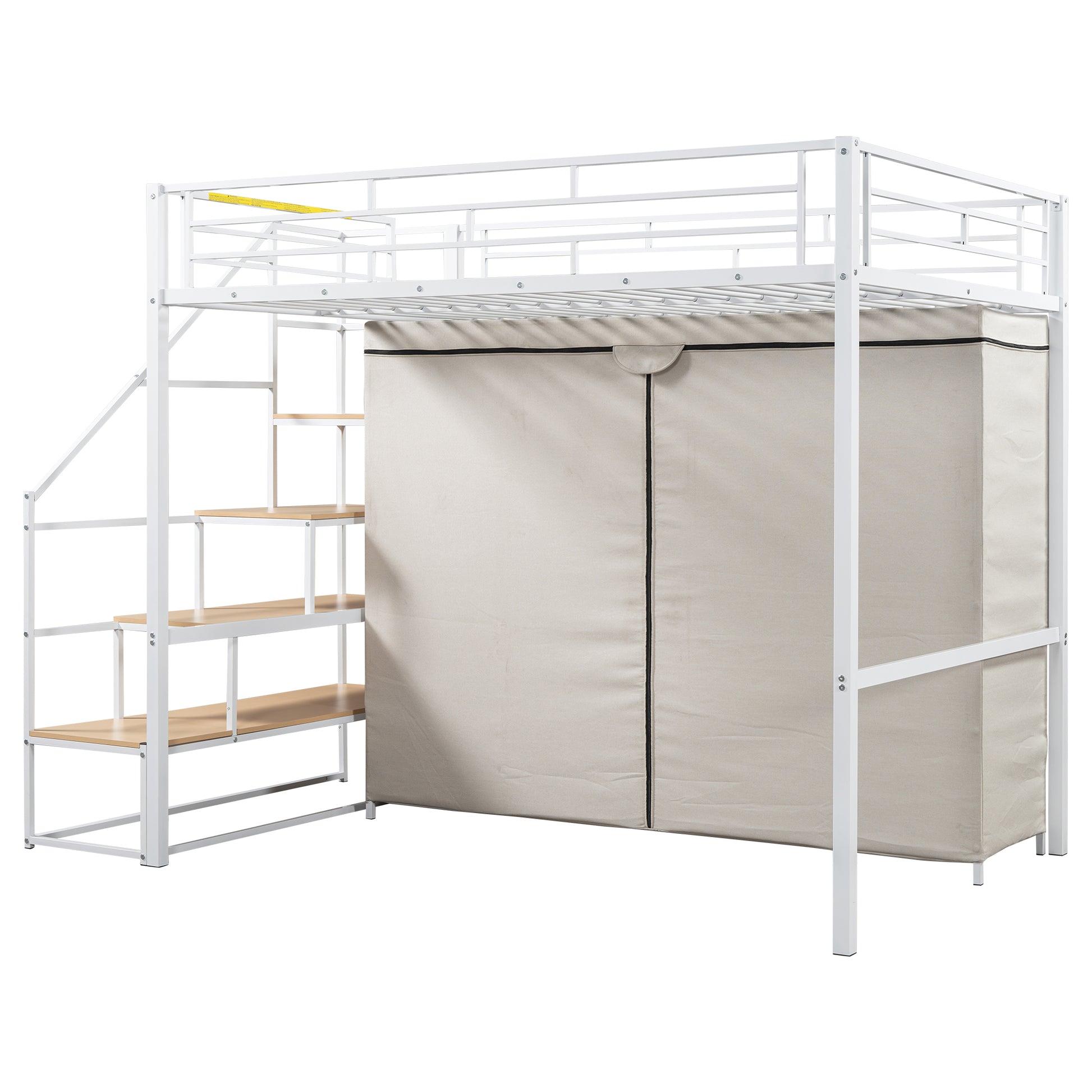 Full Size Metal Loft Bed With Wardrobe And Storage Shelves, White Box Spring Not Required Full White Metal Mdf Metal