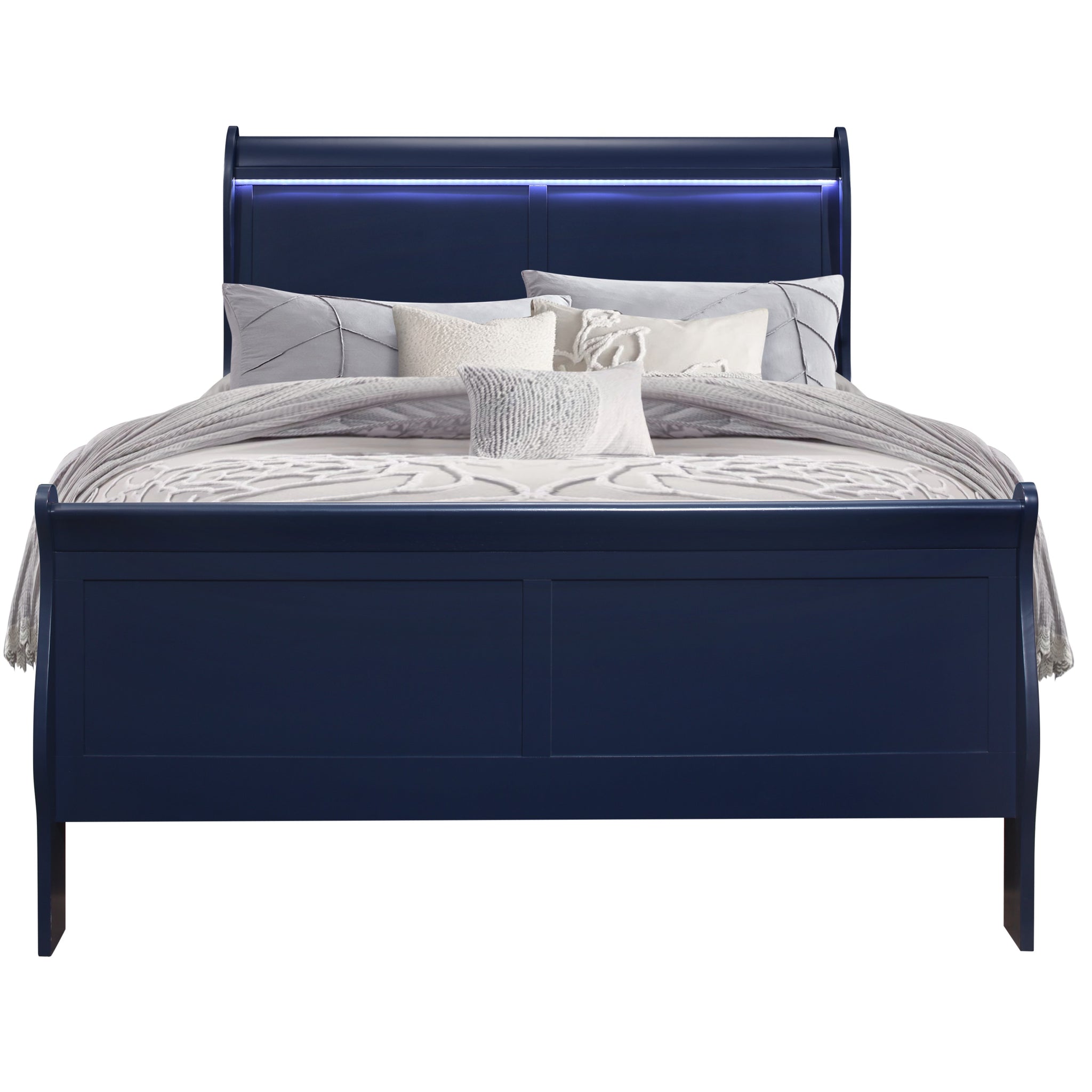 Charlston Blue Full Bed With Led Blue Solid Wood Mdf