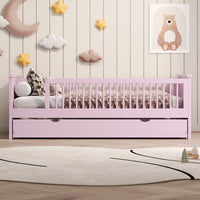 Wood Twin Size Platform Bed With Guardrail And Trundle, Pink Box Spring Not Required Twin Pink Wood Bed Frame Solid Wood Mdf