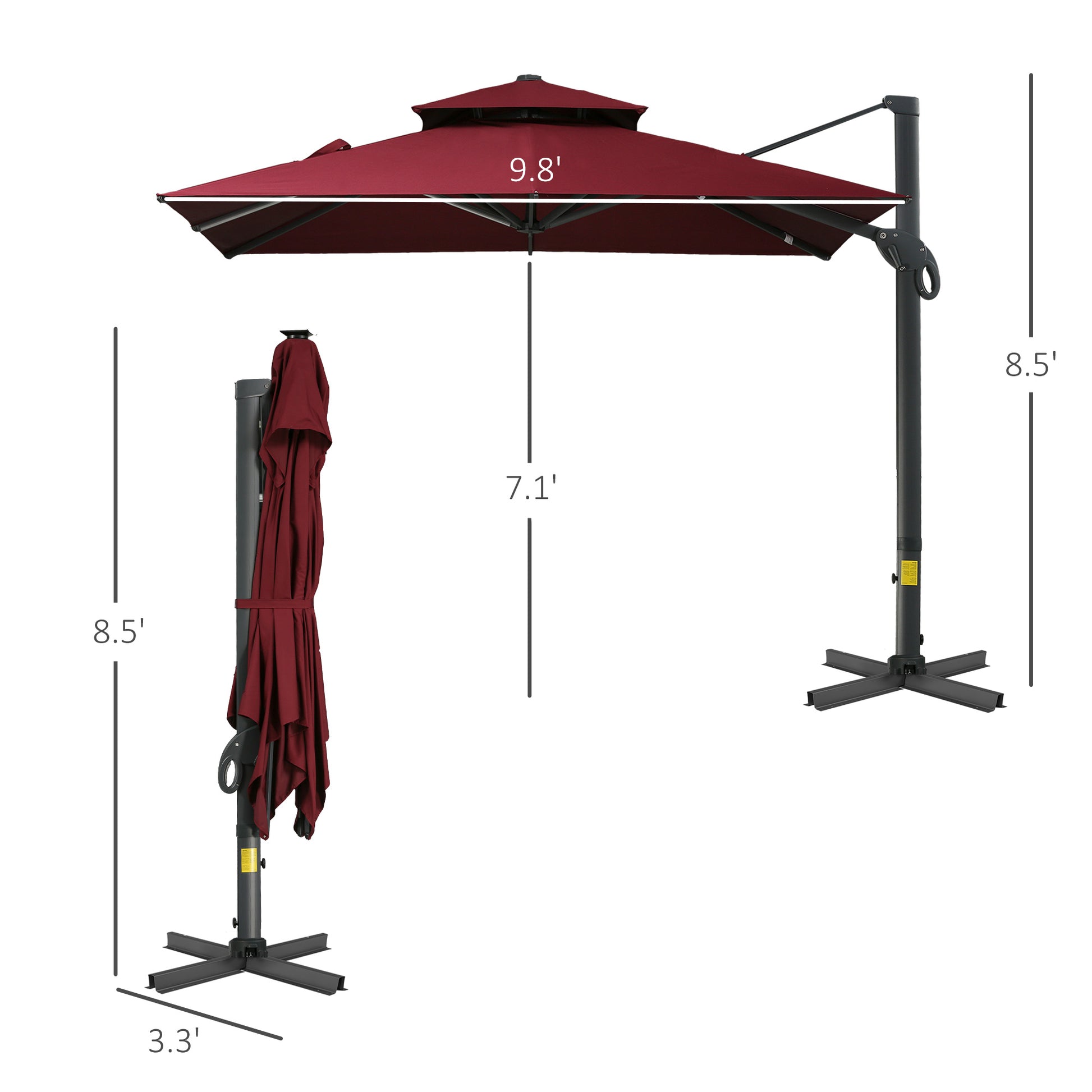 Outsunny 10Ft Offset Patio Umbrella, Hanging Cantilever Umbrella, Square Shape, Aluminum Cross Base, Tilt, 360 Degree Rotation, Red Red Aluminum