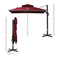 Outsunny 10Ft Offset Patio Umbrella, Hanging Cantilever Umbrella, Square Shape, Aluminum Cross Base, Tilt, 360 Degree Rotation, Red Red Aluminum
