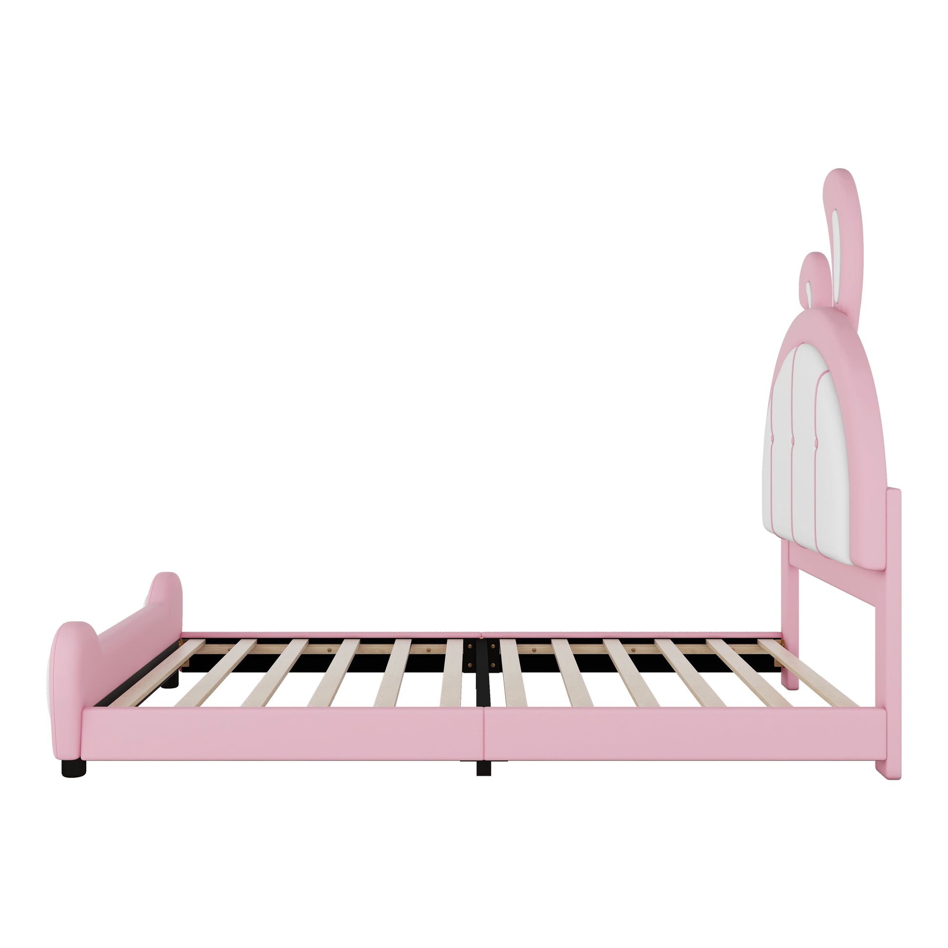 Twin Size Upholstered Platform Bed With Rabbit Shaped Headboard, Pink Box Spring Not Required Twin Pink White Wood Bedroom Bed Frame Faux Leather Upholstered