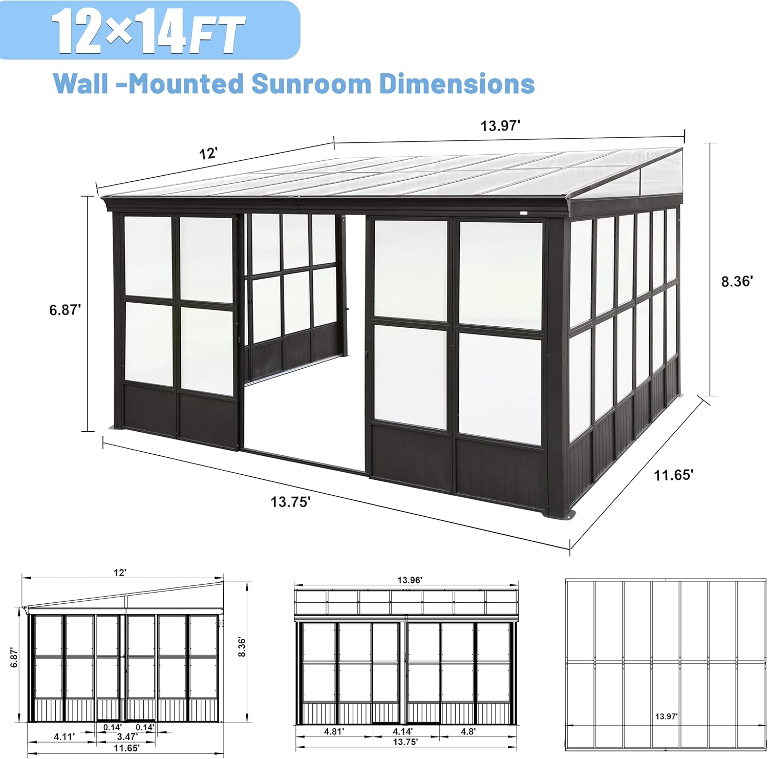 12X14Ft All Season Sunroom, Outdoor Permanent Wall Mounted Solarium With Detachable Polycarbonate Windows, Aluminum Lean To Gazebo Sun Room With 2 Lockable Sliding Doors For Garden Patio Deck Dark