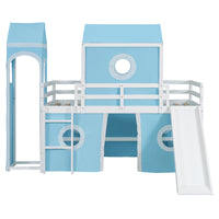 Twin Size Loft Bed With Slide Pink Tent And Tower Blue Old Sku:Wf298769Aac Twin Blue Solid Wood