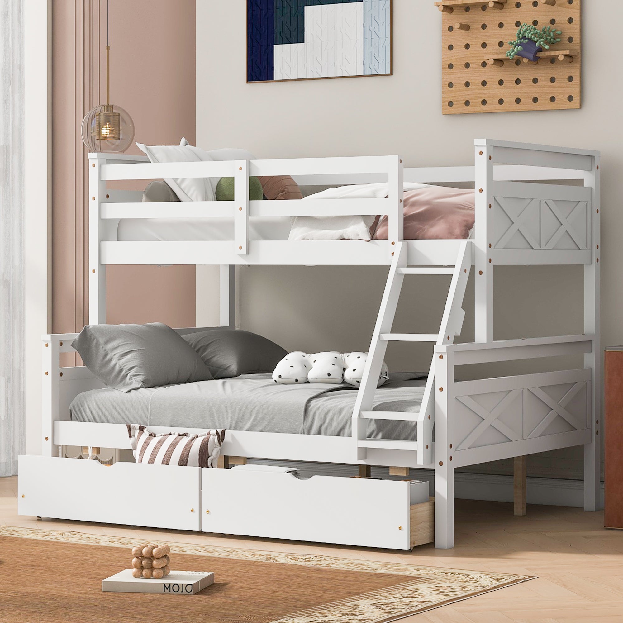 Twin Over Full Bunk Bed With Ladder, Two Storage Drawers, Safety Guardrail, White Box Spring Not Required Twin White Wood Bedroom Bed Frame Pine