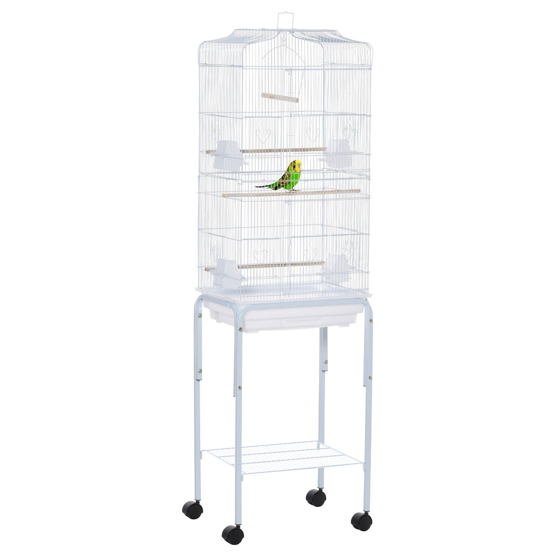 Pawhut 60" Metal Indoor Bird Cage Starter Kit With Detachable Rolling Stand, Storage Basket, And Accessories, White White Steel