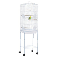 Pawhut 60" Metal Indoor Bird Cage Starter Kit With Detachable Rolling Stand, Storage Basket, And Accessories, White White Steel