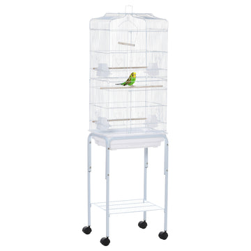 Pawhut 60" Metal Indoor Bird Cage Starter Kit With Detachable Rolling Stand, Storage Basket, And Accessories, White White Steel