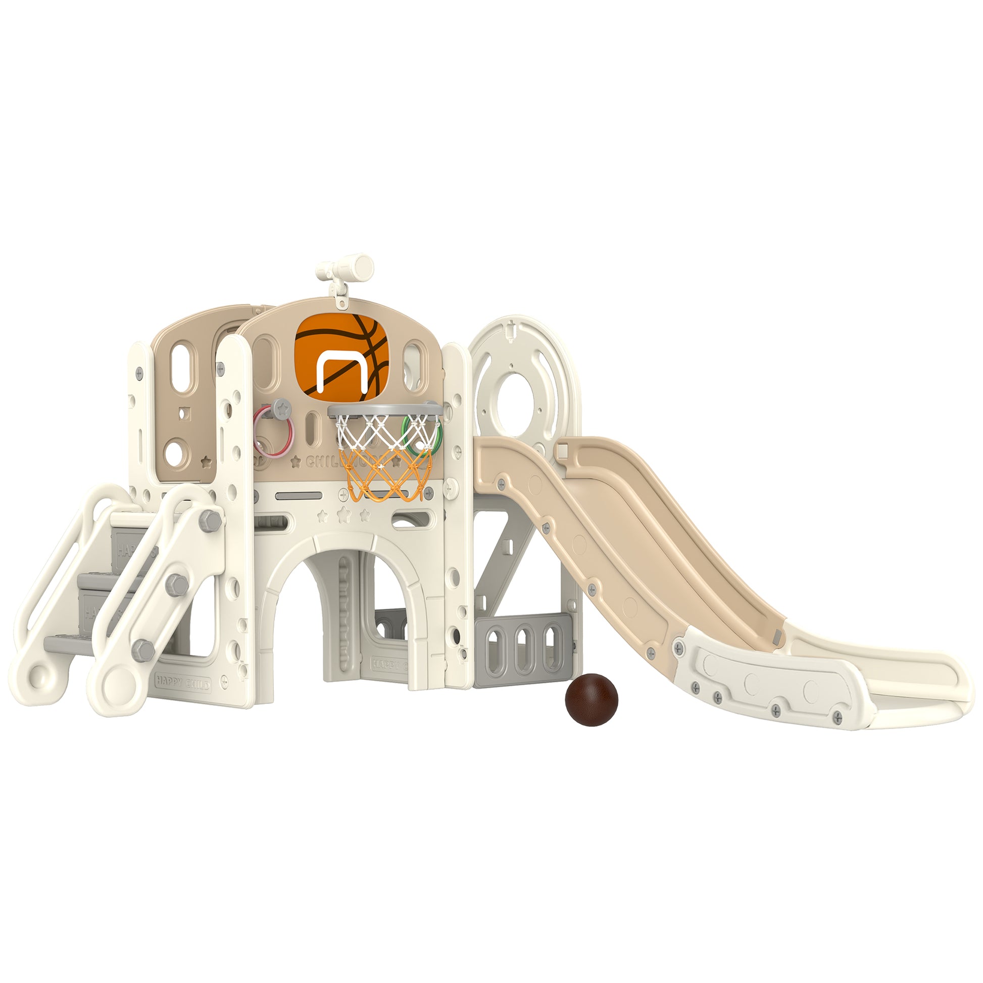 Qaba 7 In 1 Toddler Slide Playset, Kids Slide For Ages 1 6 Years With Ring Toss, Basketball Hoop, Telescope, Indoor Playground With Climber, Storage Space, Crawl Tunnel, Cream White Cream White Hdpe