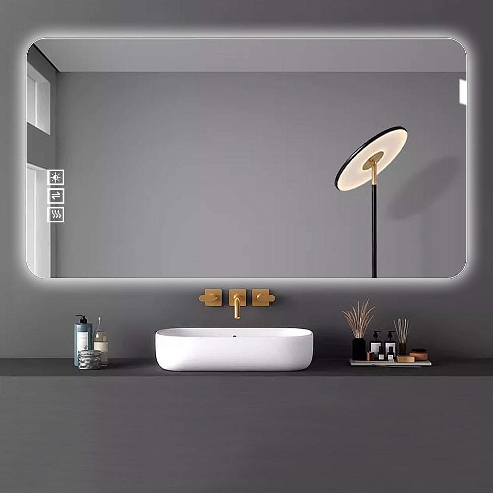 23.6X39.5Inch Frameless Round Corner Led Bathroom Mirror Silver Modern Glass