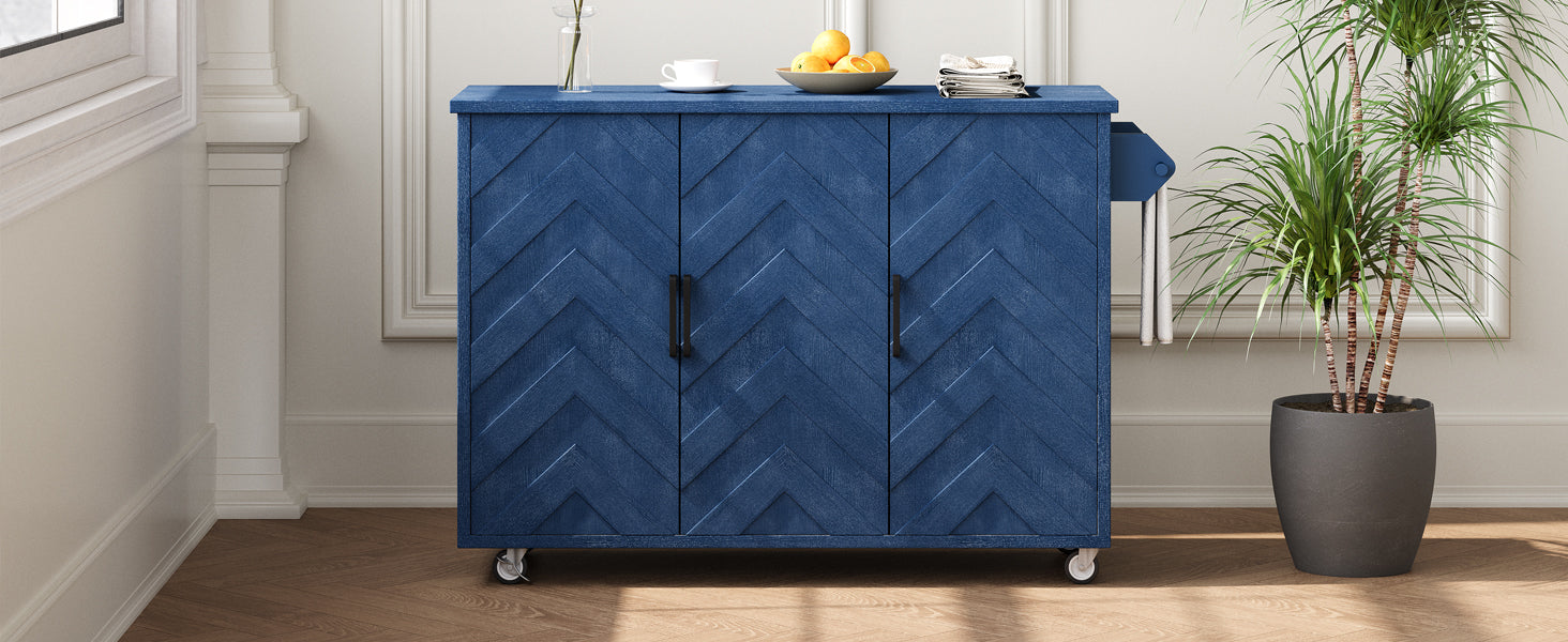 K&K 51.2"W 3D Wave Stripes Ash Veneer Not Cheap Paper Kitchen Island With Drop Leaf, Farmhouse Kitchen Island On Wheels With Internal Storage Rack, Rolling Kitchen Cart Navy Blue Navy Blue Nature