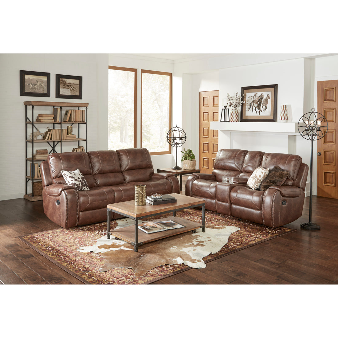 Achern Brown Leather Air Manual Reclining Sofa And Loveseat With Storage Console And Usb Port Brown Espresso Wood Primary Living Space Medium Firm Cushion Back Traditional Pillow Top Arms Faux Leather 5 Seat