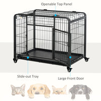 Pawhut Folding Design Heavy Duty Metal Dog Cage Crate & Kennel With Removable Tray And Cover, & 4 Locking Wheels, Indoor Outdoor 37" Dark Grey Metal