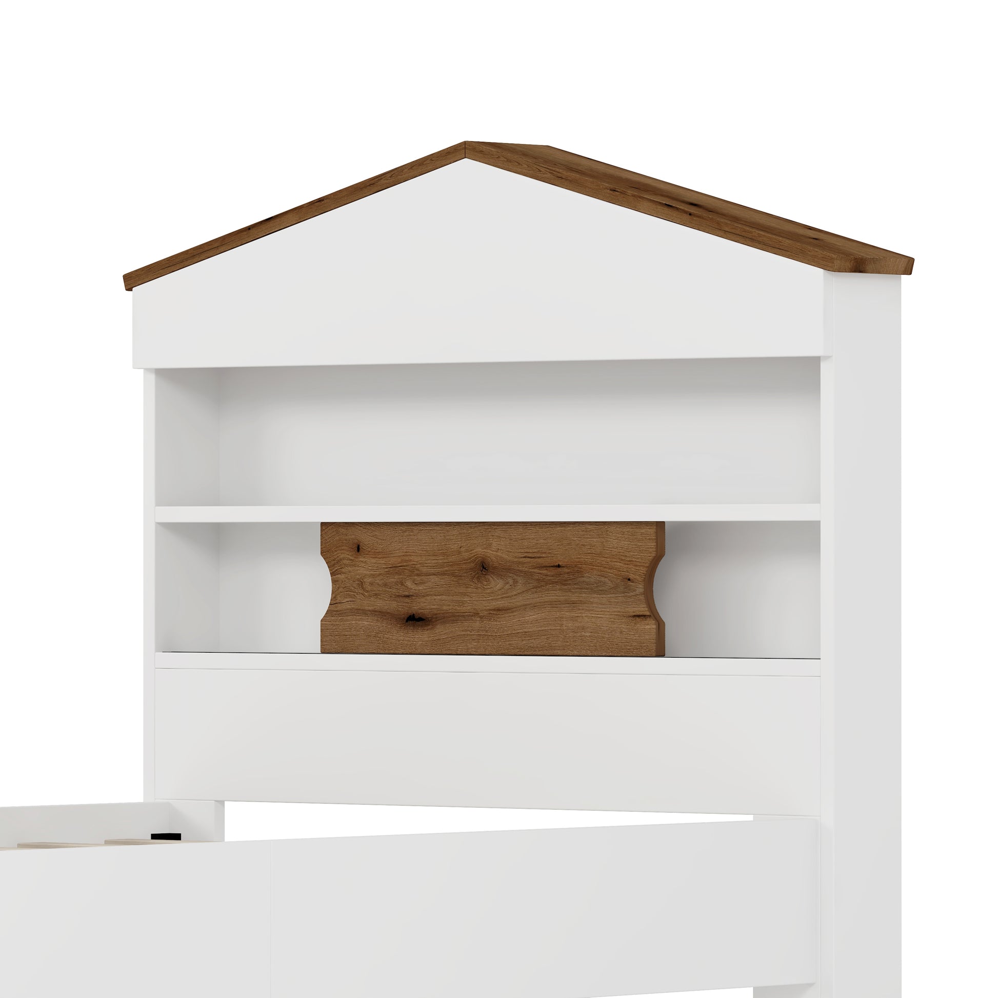 Twin Size House Shaped Wooden Bed With Storage Shelf On The Headboard, Built In Two Storage Drawers, Brown Brown White Wood