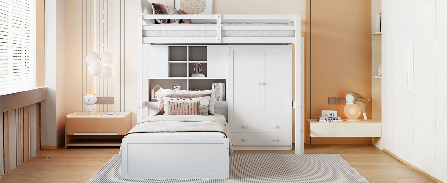 Twin Bunk Bed With Drawers, Wardrobe, Storage Shelves And Hydraulic Bed,White White Mdf Lvl