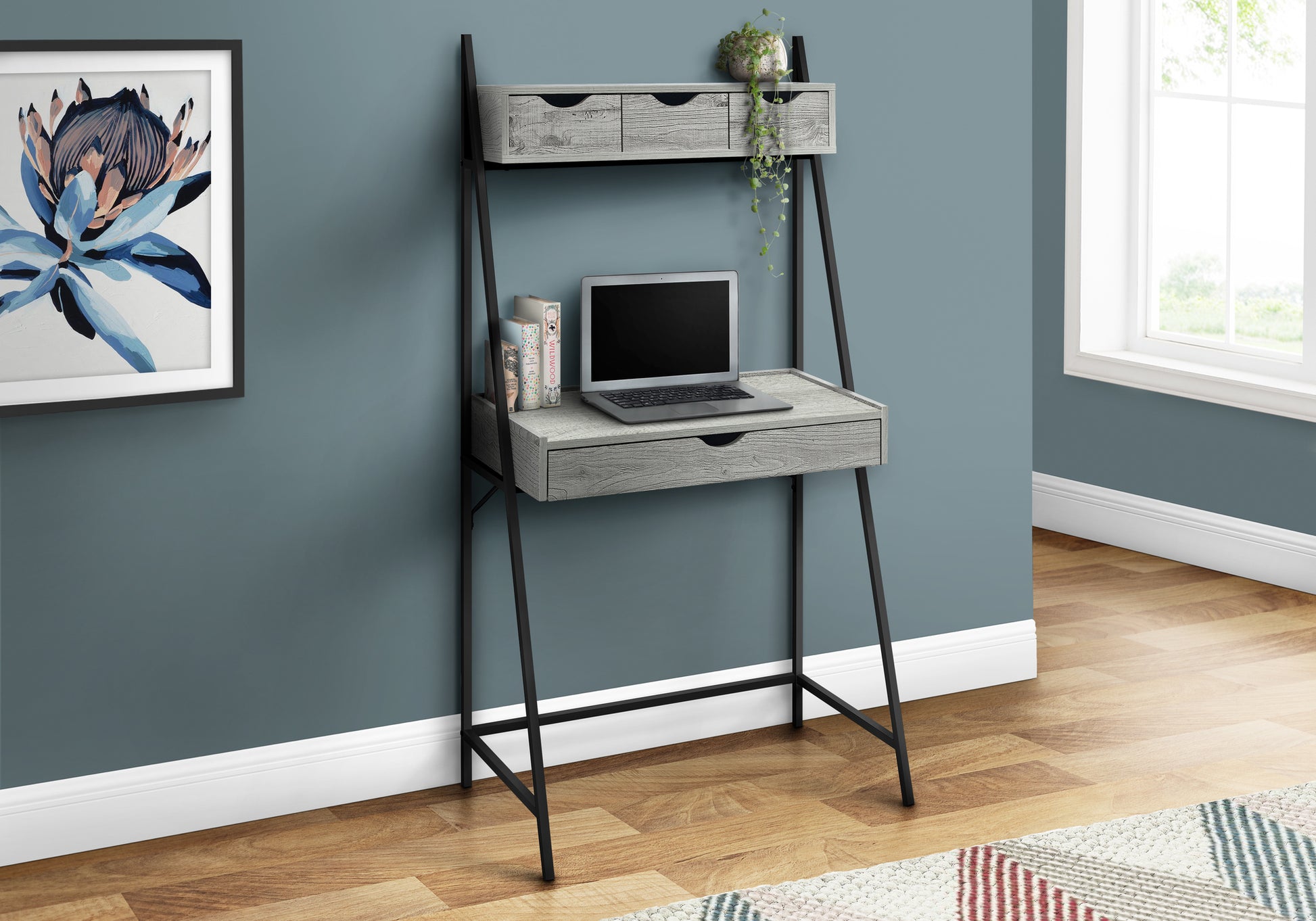 Computer Desk, Home Office, Laptop, Leaning, Storage Drawers, 32"L, Work, Grey Laminate, Black Metal, Contemporary, Modern Grey Metal