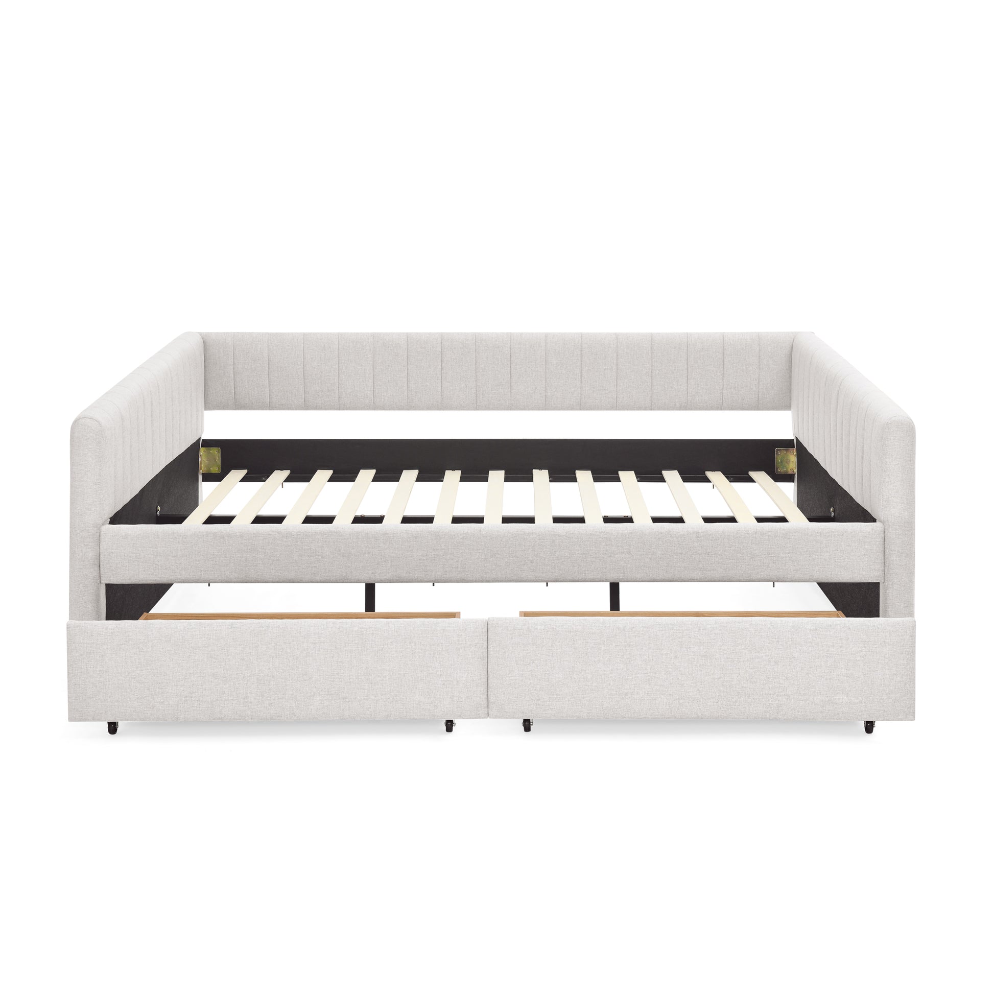 Queen Size Daybed With Two Drawers Trundle Upholstered Sofa Bed, With Vertical Stripes, Linen Fabric, Beige 86.5"X65"X30" Beige Linen