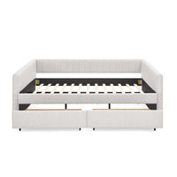 Queen Size Daybed With Two Drawers Trundle Upholstered Sofa Bed, With Vertical Stripes, Linen Fabric, Beige 86.5"X65"X30" Beige Linen