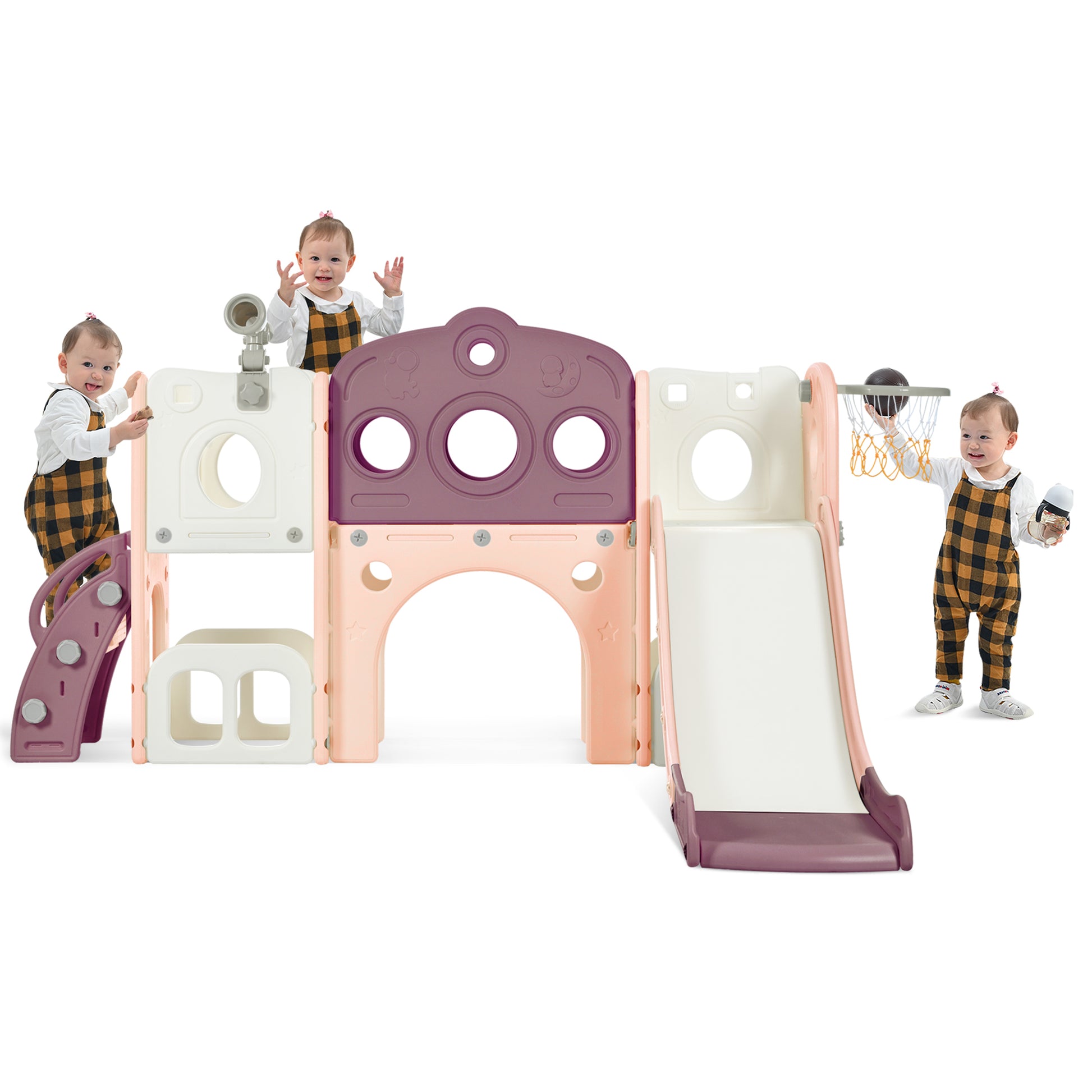 7 In 1 Toddler Slide Set, Freestanding Space Set With Slide, Kids Slide Playset Structure, Arch Tunnel And Basketball Hoop, Toy Storage Organizer For Toddlers, Kids Climbers Playground Purple 50 99 Lbs Cute 1 To 2 Years Hdpe Indoor & Outdoor Use