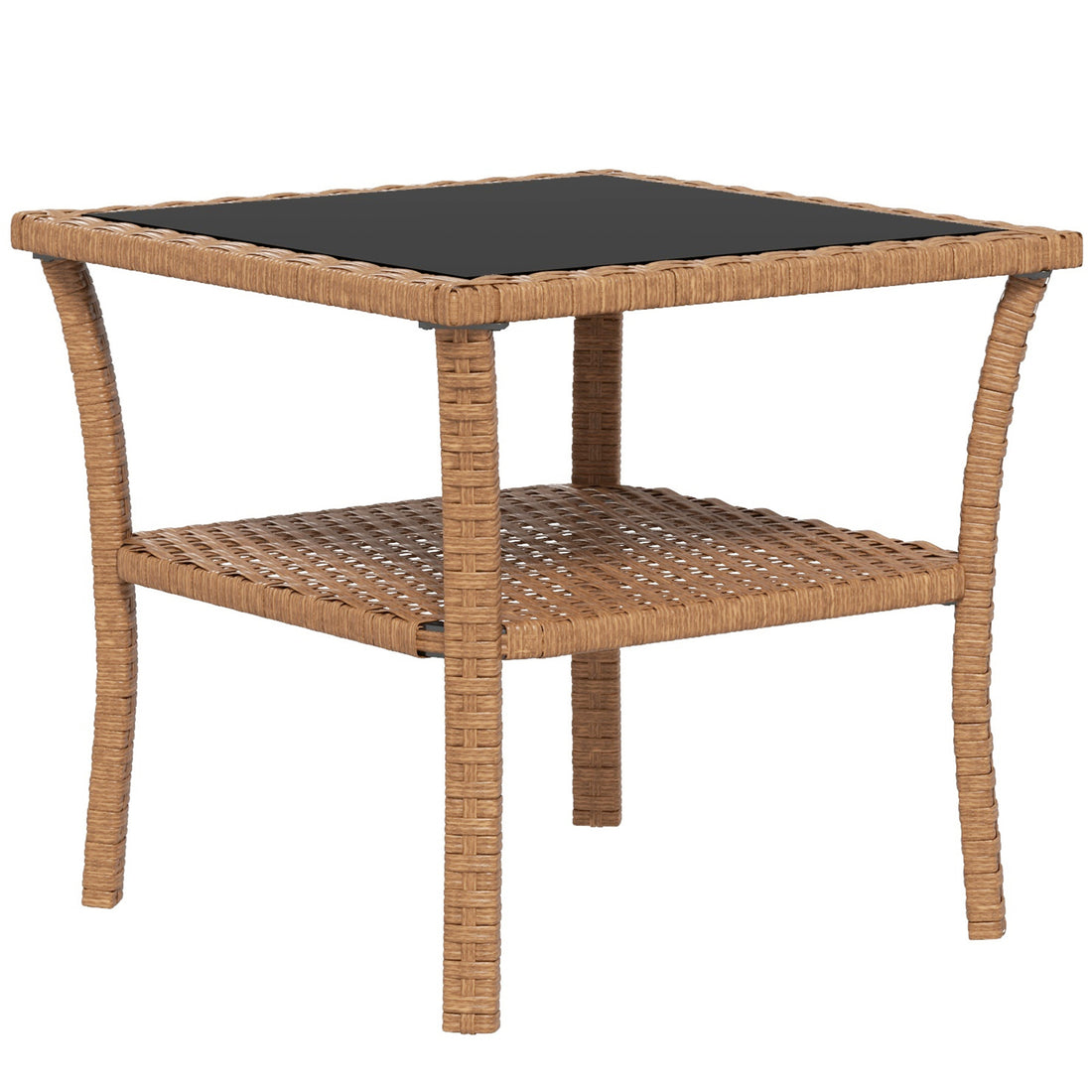 Outsunny Rattan Side Table, Outdoor End Table With Storage Shelf, Aluminum Frame Square, Coffee Table With Tempered Glass Top, Sand Black Brown Aluminum