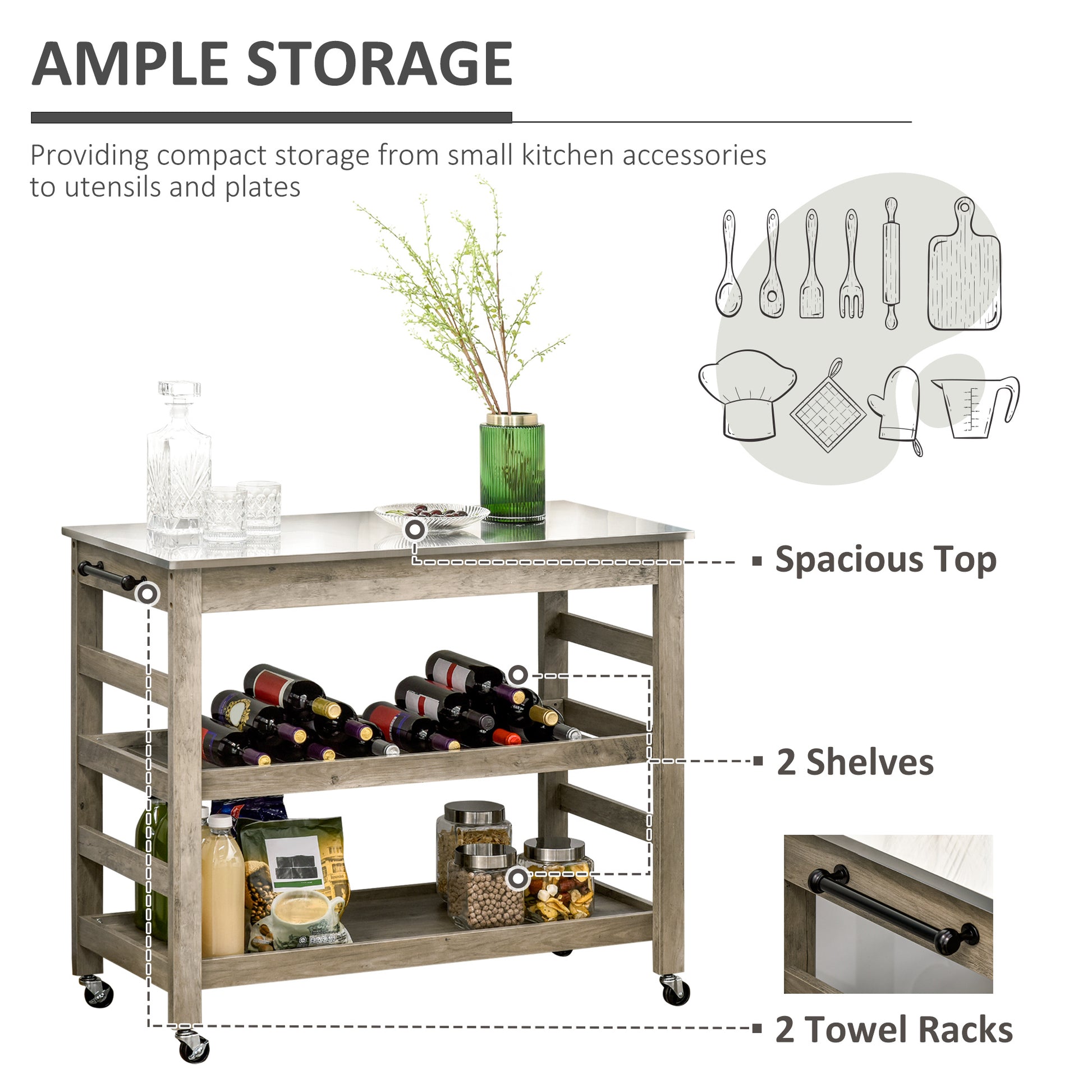 Homcom Rolling Kitchen Cart With Stainless Steel Countertop, 1 Bottom Shelf, 1 Slotted Middle Shelf And 4 Castor Wheels, Grey Grey Mdf