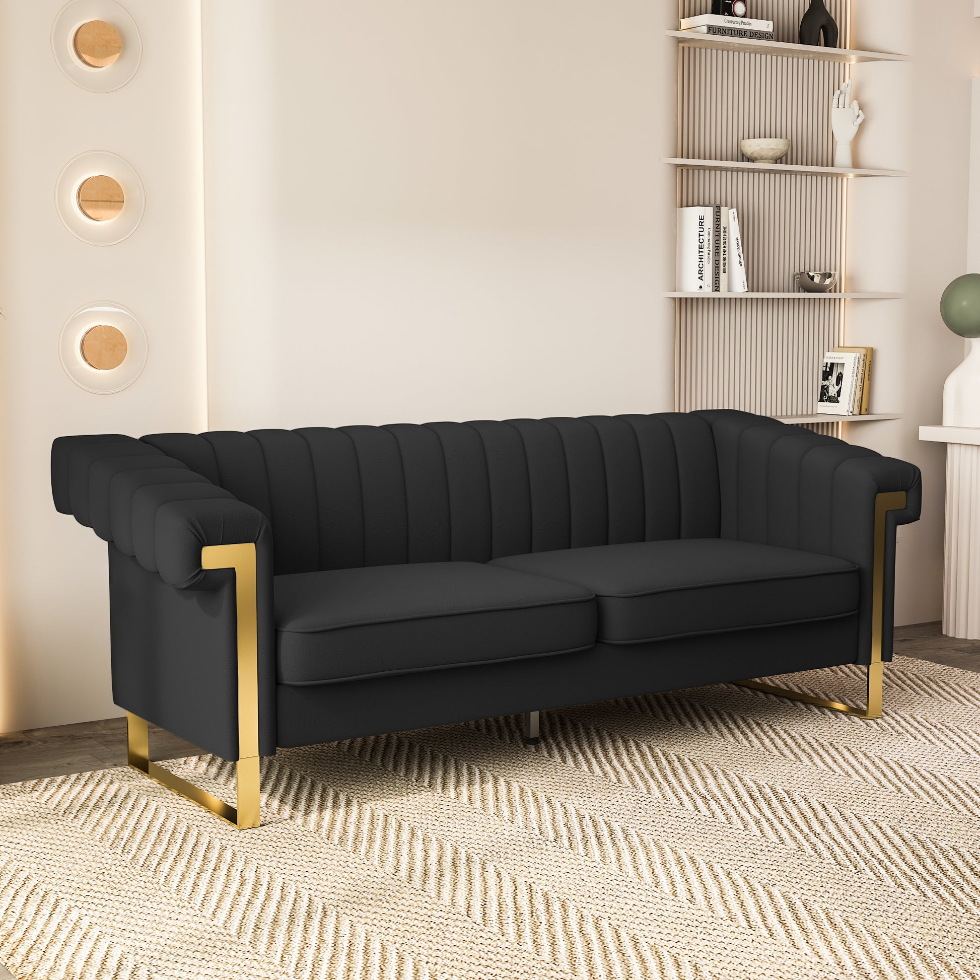 Fx P81Pu Bk Sofa 84.65Inch Fashionable Sofa For Livingroom And Office Room 3S Sofa Temu Suitable Black Pu 2 Seat