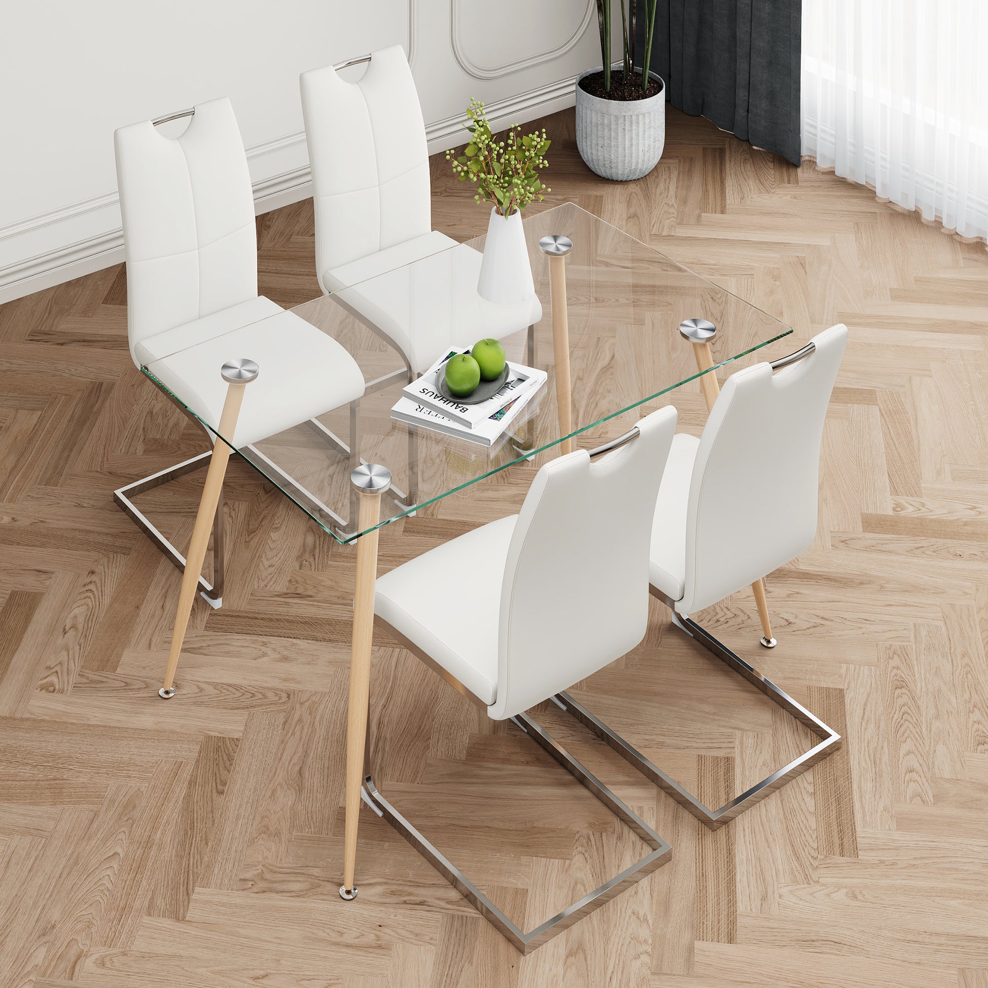 Modern Simple Rectangular Glass Dining Table, Solid Tempered Glass Countertop, Wood Transfer Metal Table Legs, White Pu Dining Chair Set, Suitable For Restaurant Kitchen Use Set Of 5 Metal Glass White Pu Seats 4 Metal Rectangular Dining Table With Chair