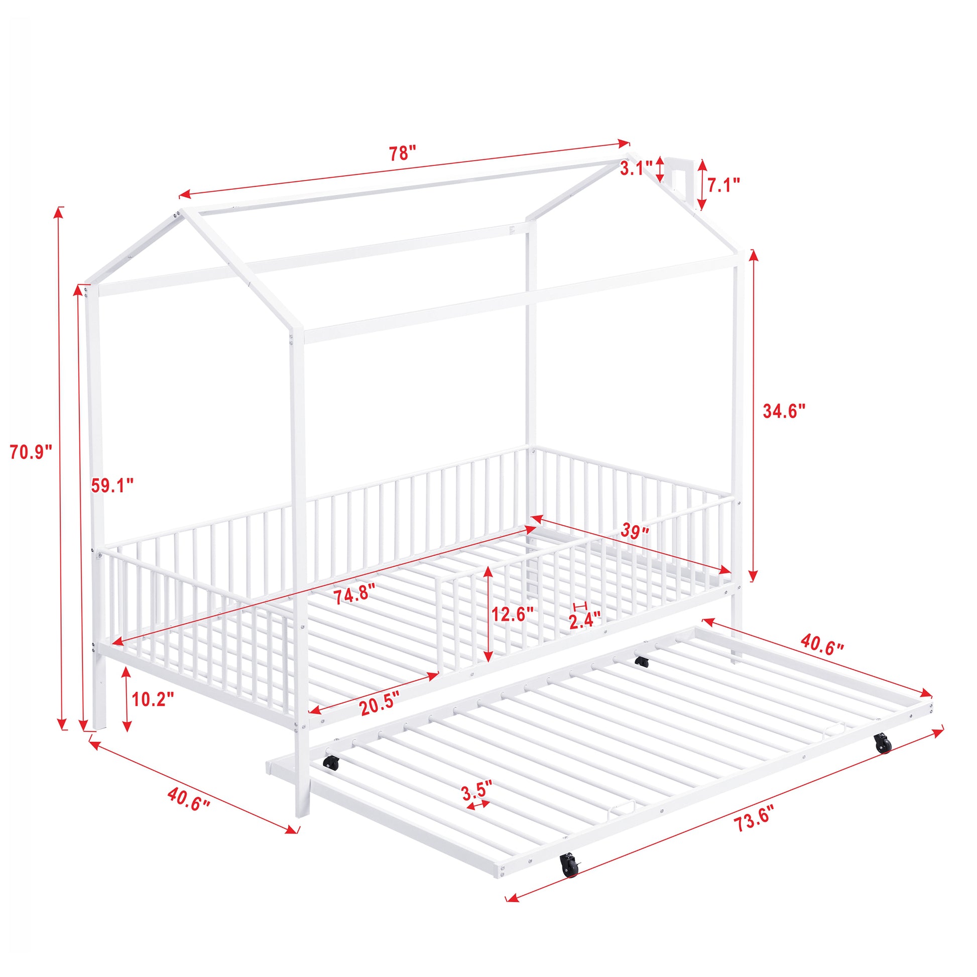 Twin Size Metal House Bed With Fence, With Trundle, White Twin White Metal