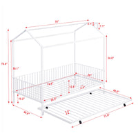 Twin Size Metal House Bed With Fence, With Trundle, White Twin White Metal