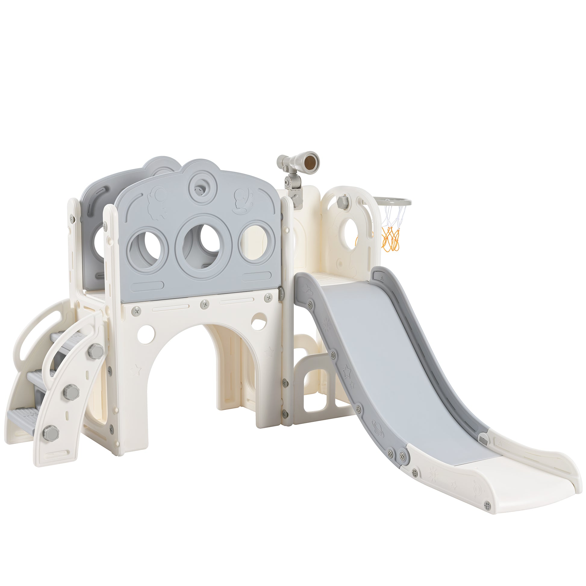 7 In 1 Toddler Slide Set, Freestanding Space Set With Slide, Kids Slide Playset Structure, Arch Tunnel And Basketball Hoop, Toy Storage Organizer For Toddlers, Kids Climbers Playground Grey White 50 99 Lbs Cute 1 To 2 Years Hdpe Indoor & Outdoor Use
