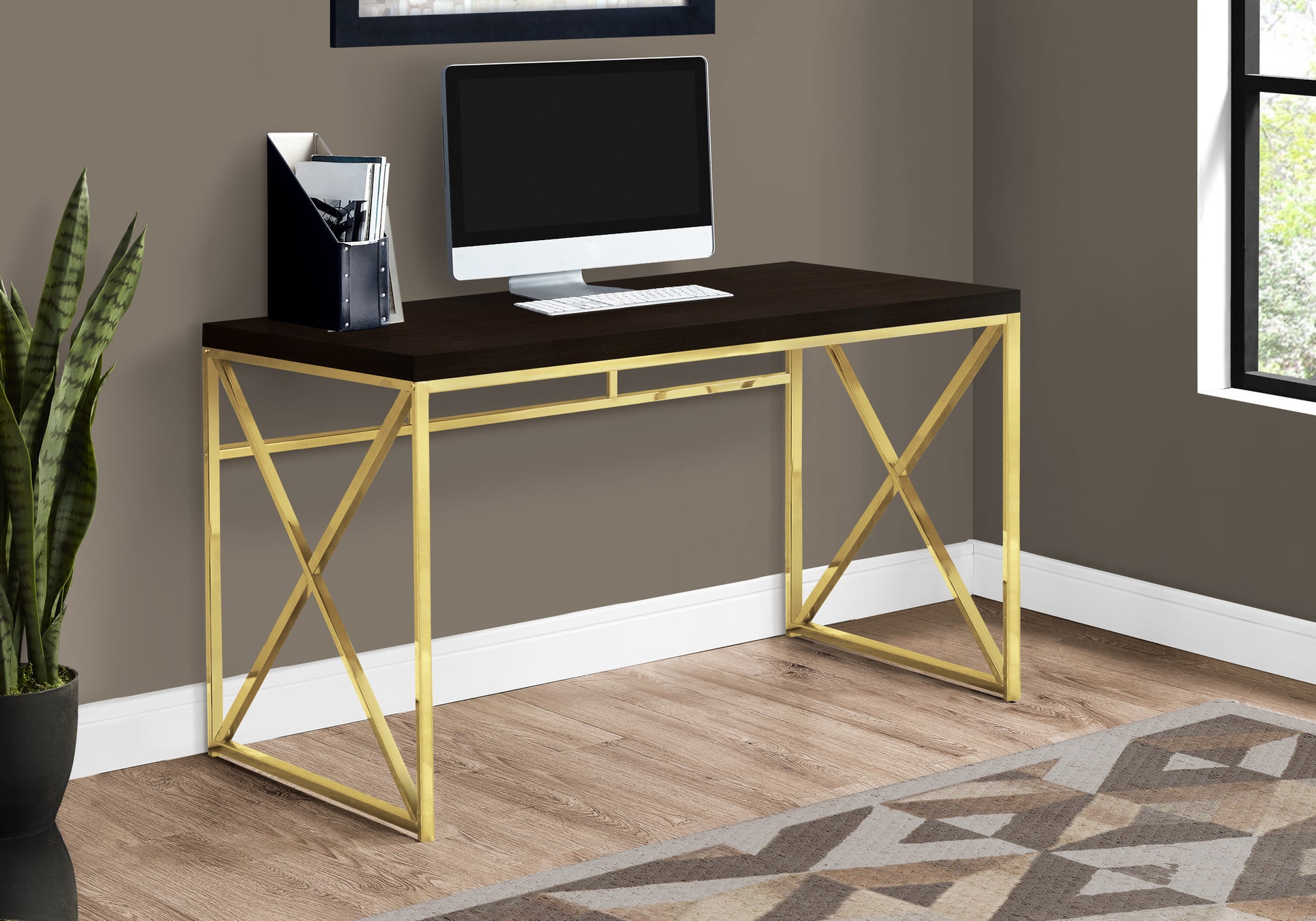 Computer Desk, Home Office, Laptop, Work, Brown Laminate, Gold Metal, Contemporary, Modern Espresso Particle Board