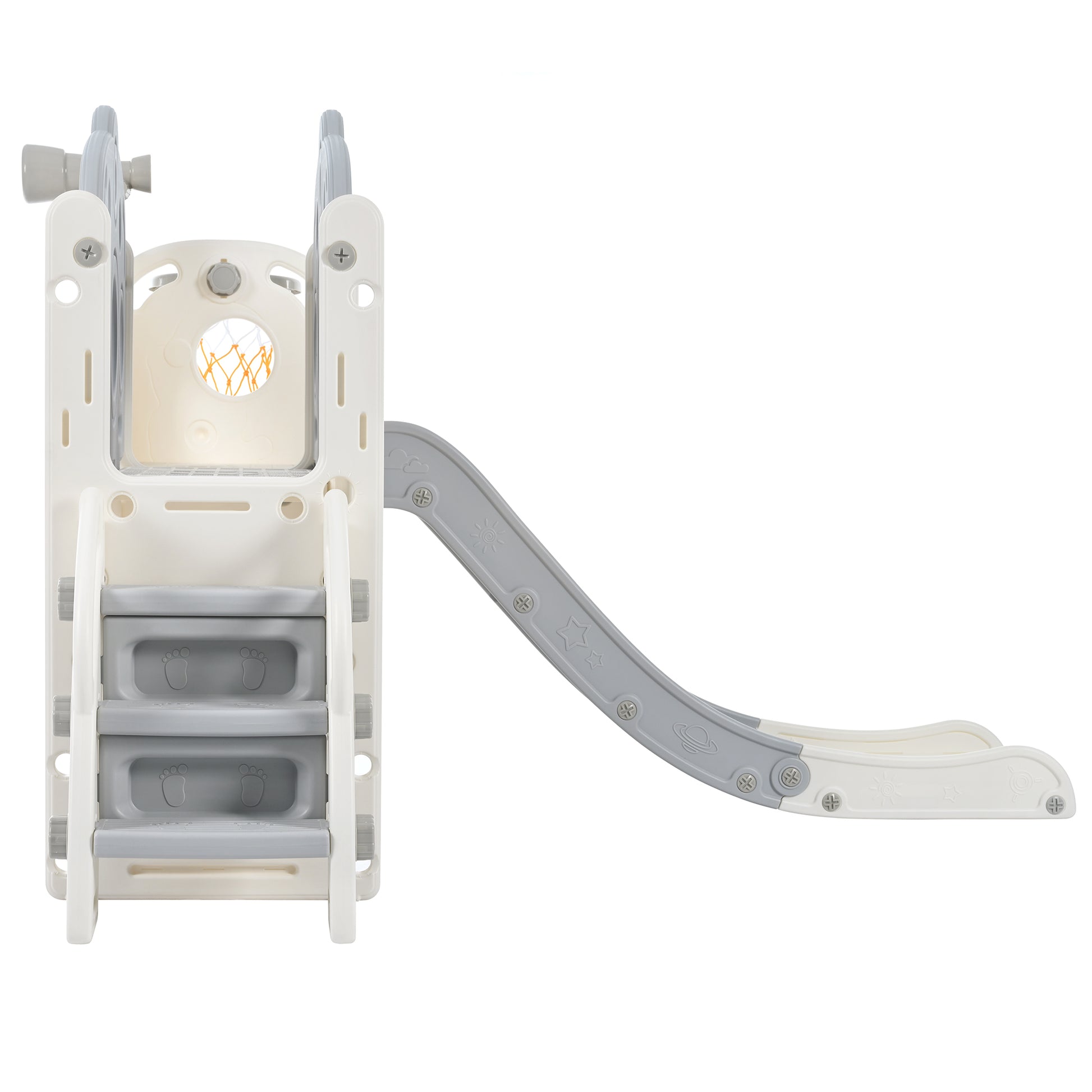 7 In 1 Toddler Slide Set, Freestanding Space Set With Slide, Kids Slide Playset Structure, Arch Tunnel And Basketball Hoop, Toy Storage Organizer For Toddlers, Kids Climbers Playground Grey White 50 99 Lbs Cute 1 To 2 Years Hdpe Indoor & Outdoor Use