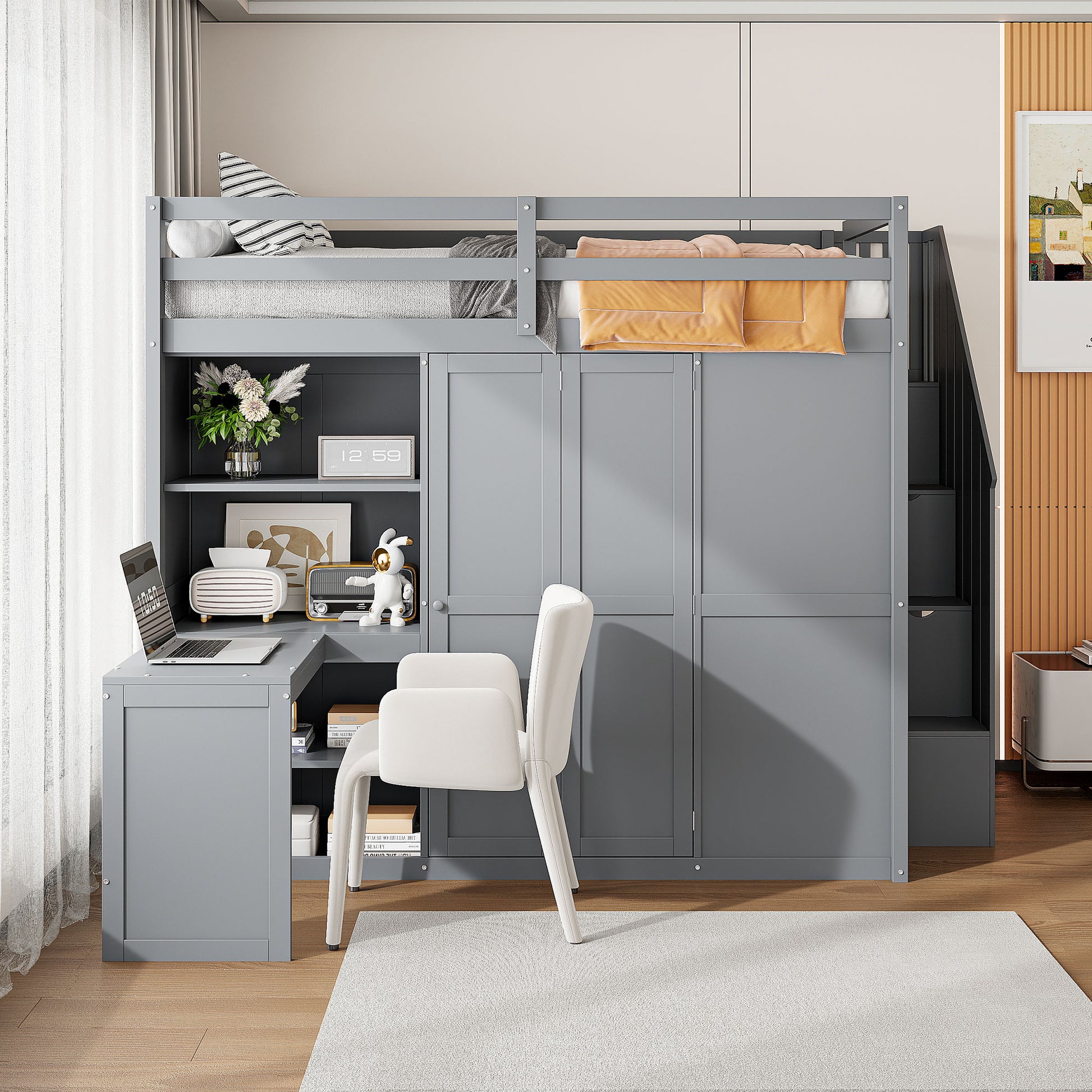 Full Size Bunk Bed With Wardrobe,Desk And Shelves,Grey Grey Mdf Lvl