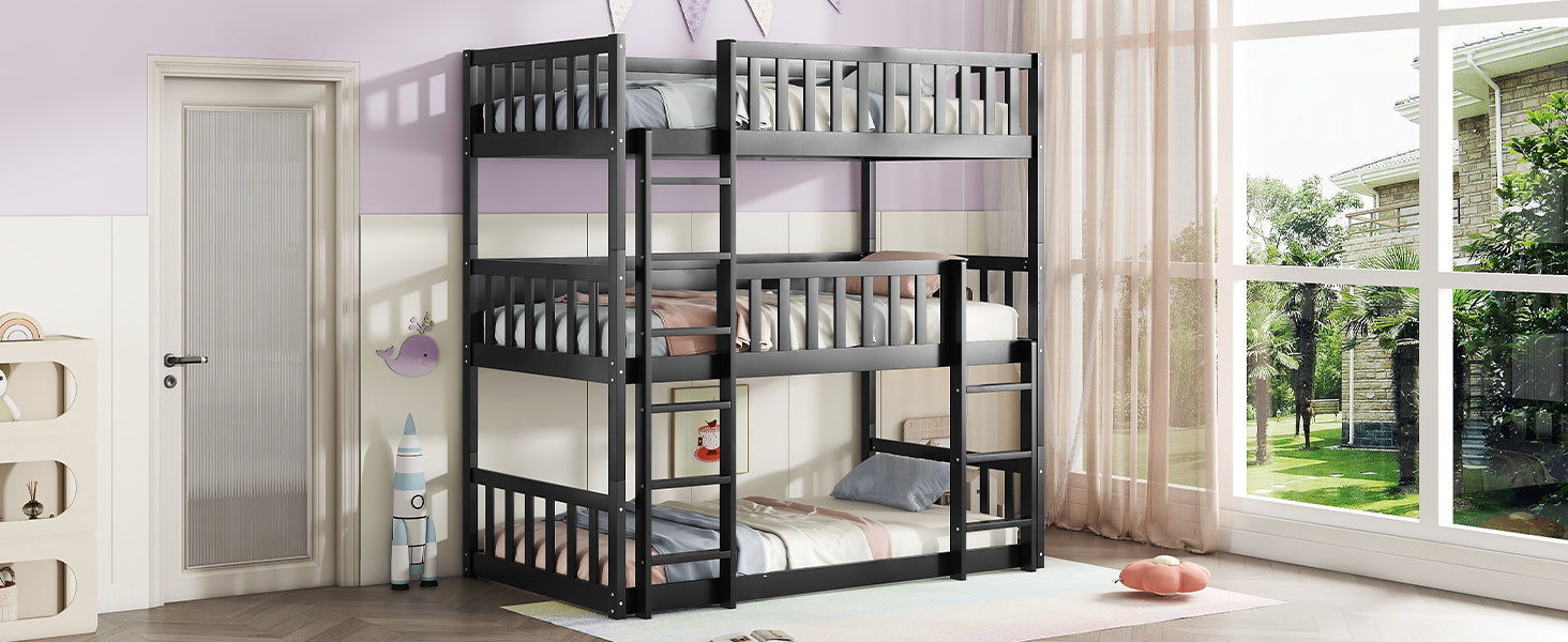 Twin Size Triple Rubber Wood Bunk Bed, With Ladders, Guardrails Detachable Bunk Bed, Twin Over Twin Over Twin,Black Twin Black Bedroom American Design Bed Frame Rubber Wood