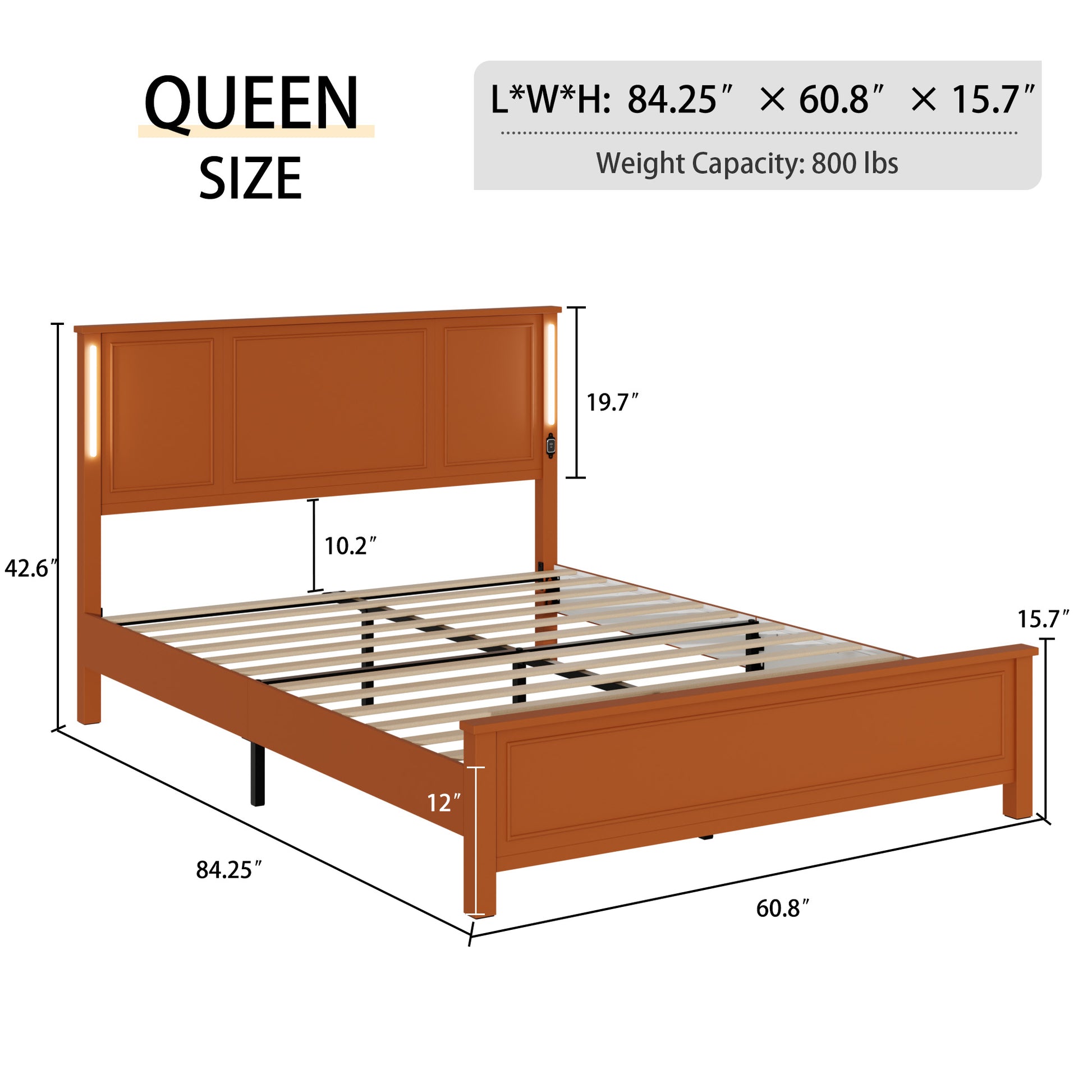 Queen Size Bed Frame, Platform Bed Frame With Wood Headboard And Footboard,Charging Station And Led Lights, 12 Wood Slats Support, No Box Spring Neededbrown Box Spring Not Required Queen Antique