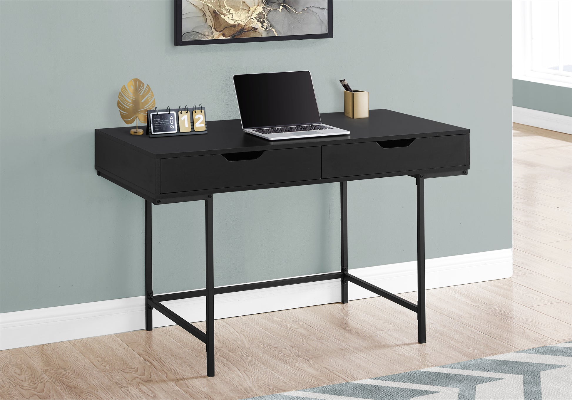 Computer Desk, Home Office, Laptop, Storage Drawers, 48"L, Work, Black Laminate, Black Metal, Contemporary, Modern Black Particle Board