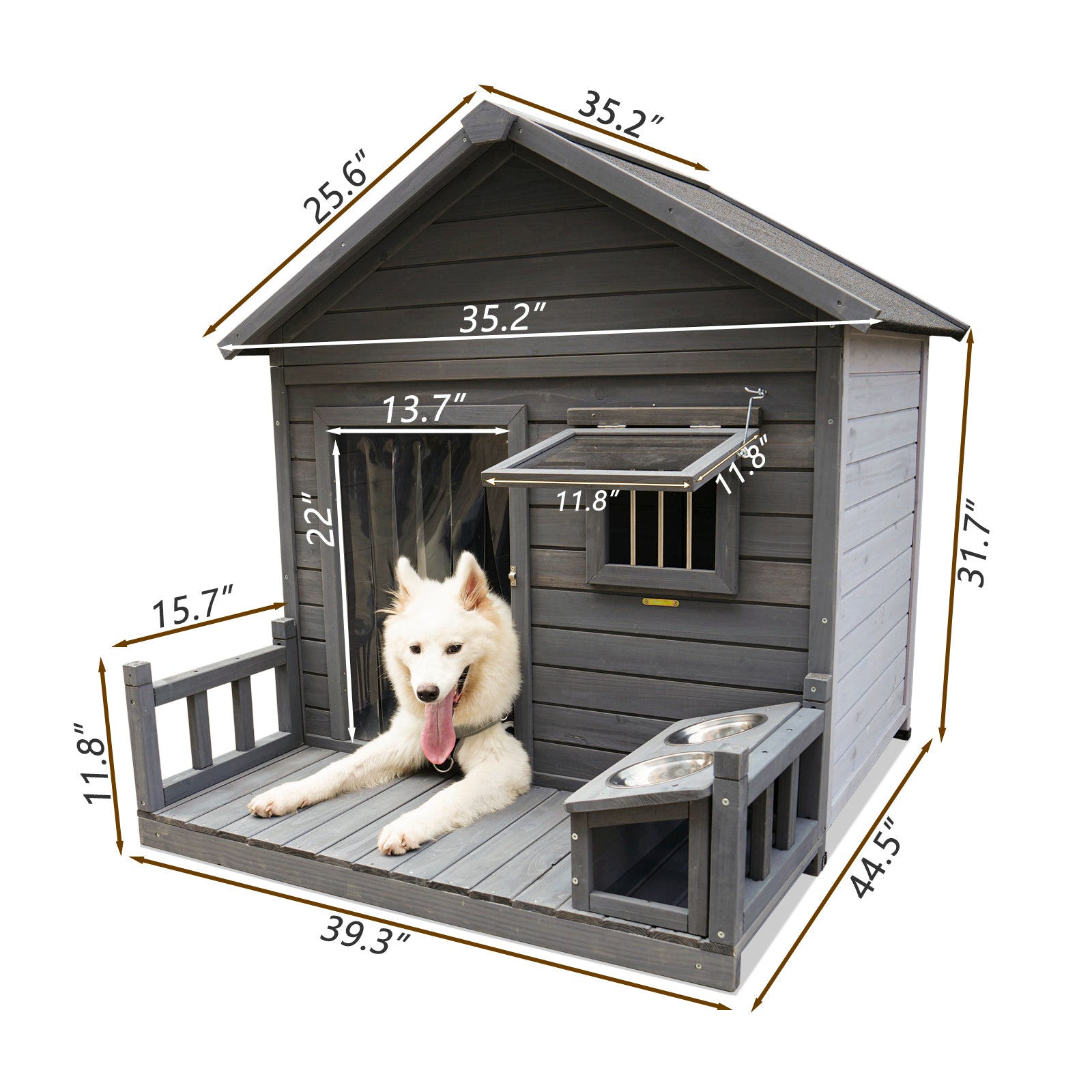 Large Dog House, 44.2" Long X 44.6" Wide X 44.6" High Solid Wood Asphalt Roof Dog House For Large Dogs With Large Terrace, Weatherproof Large Dog House,Complimentary Dog Bowl Gray Solid Wood