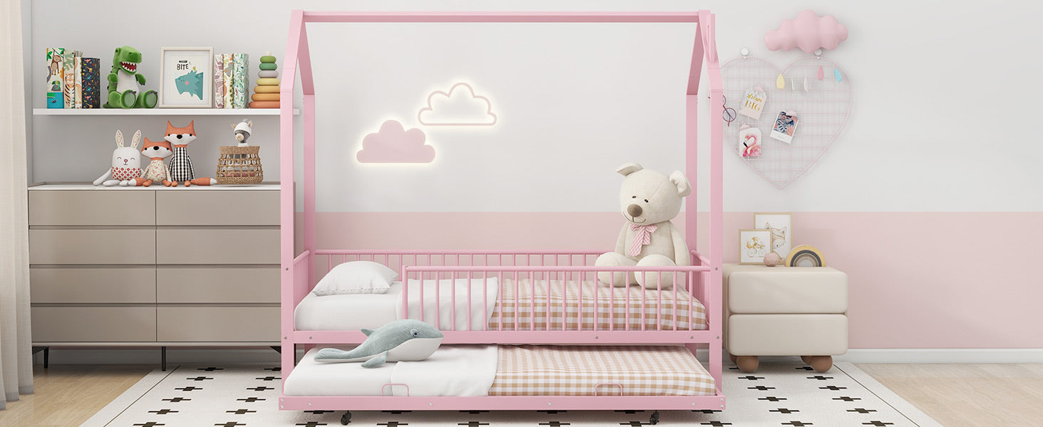 Twin Size Metal House Bed With Fence, With Trundle, Pink Expected Arrival Time: 10.18 Twin Pink Metal