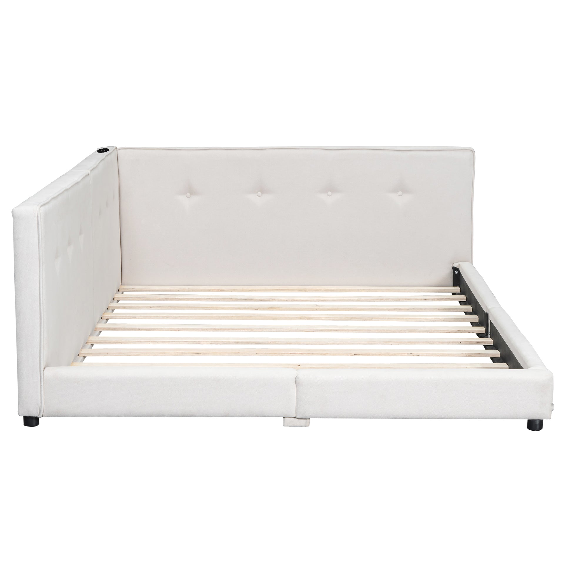 Upholstered Queen Size Platform Bed With Usb Ports, Beige Queen Box Spring Not Required Beige Linen