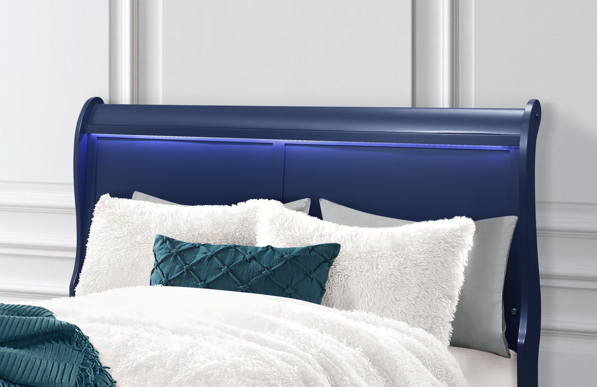 Charlston Blue King Bed With Led Blue Solid Wood Mdf