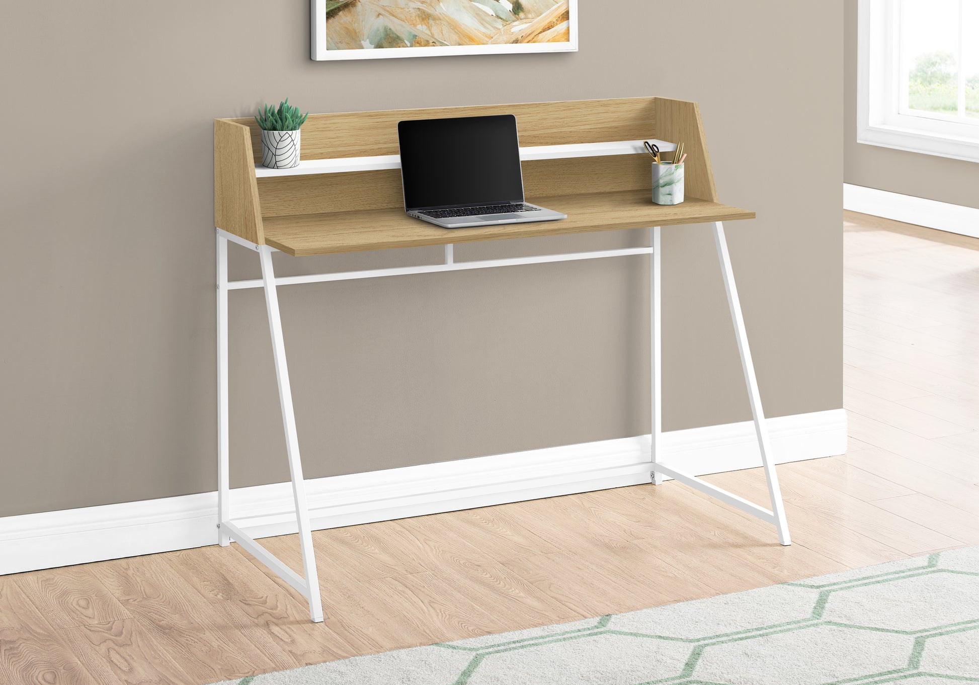 Computer Desk, Home Office, Laptop, Storage Shelves, 48"L, Work, Natural Laminate, White Metal, Contemporary, Modern Natural Particle Board