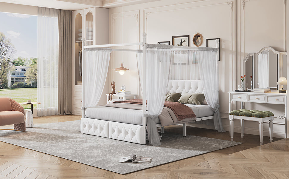 Queen Size Metal Canopy Platform Bed With Upholstered Headboard And Two Storage Drawers, White Queen White Metal